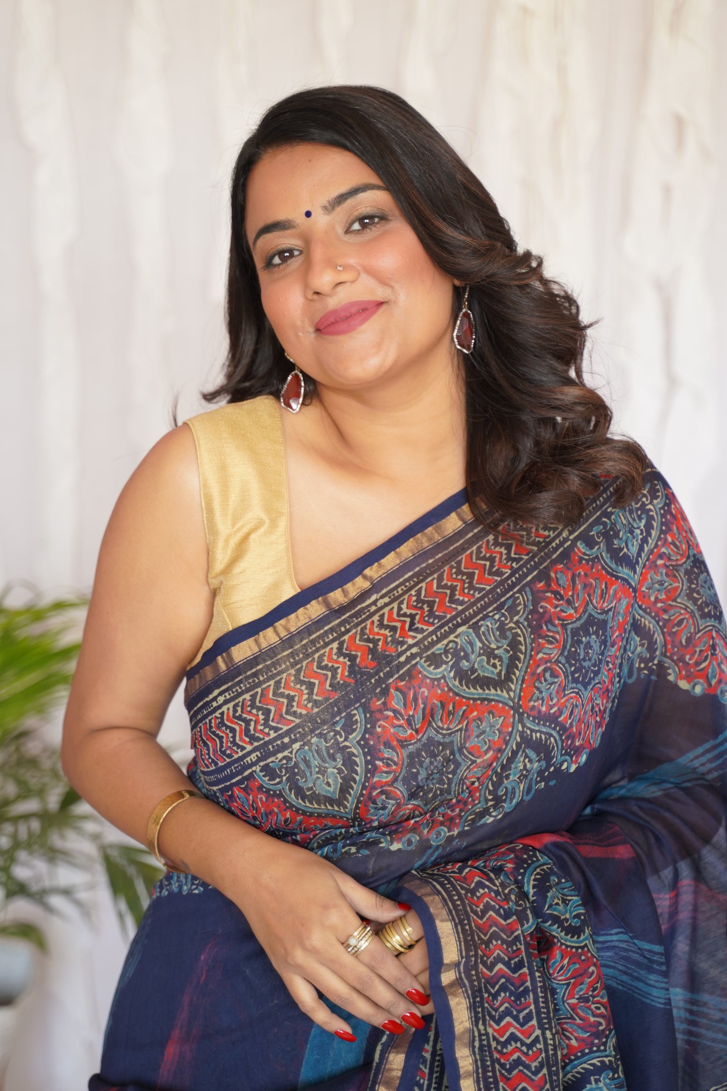 Navy Blue and Crimson Red Cotton and Silk Chanderi Handblock Print Saree