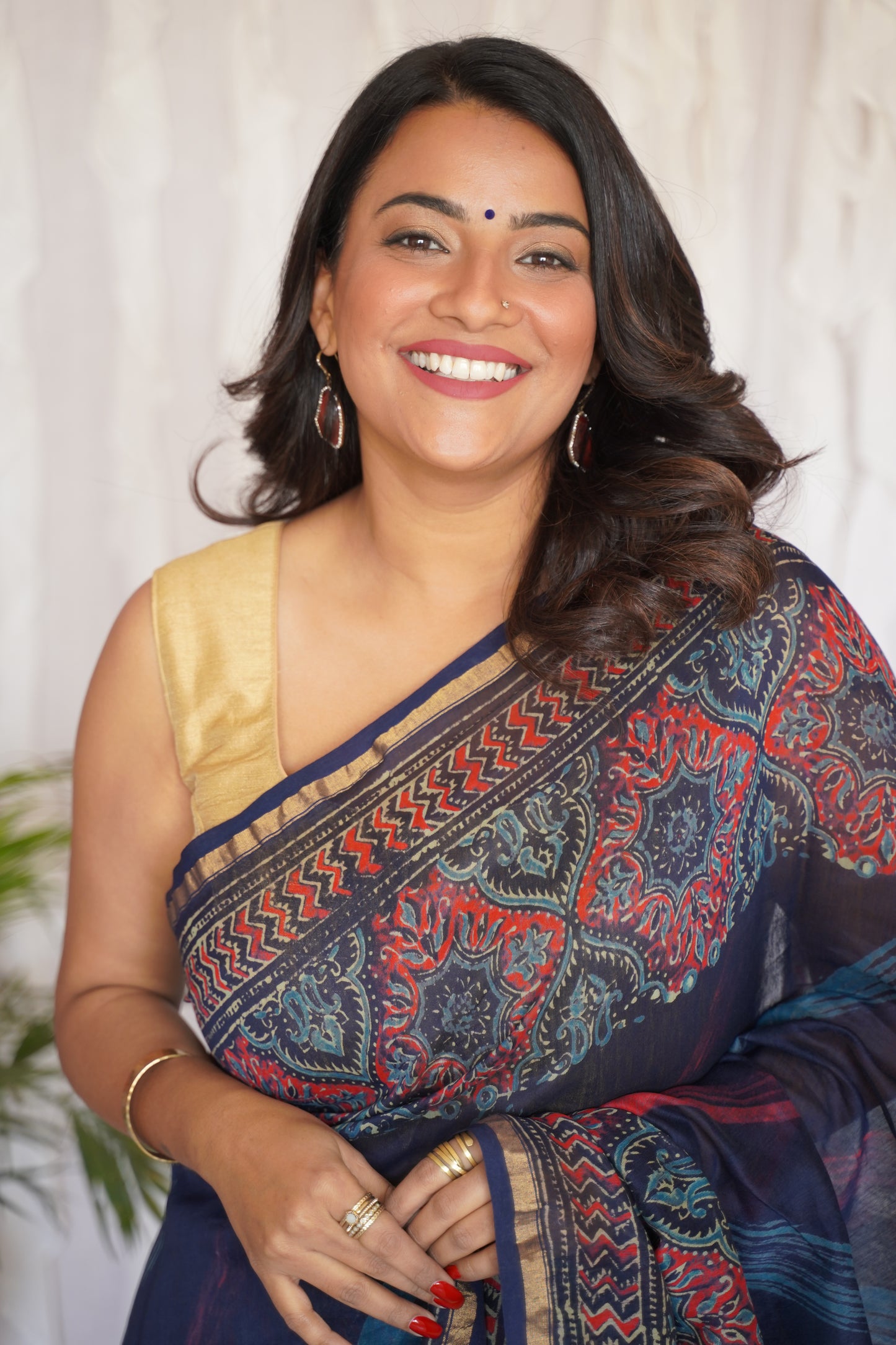 Navy Blue and Crimson Red Cotton and Silk Chanderi Handblock Print Saree