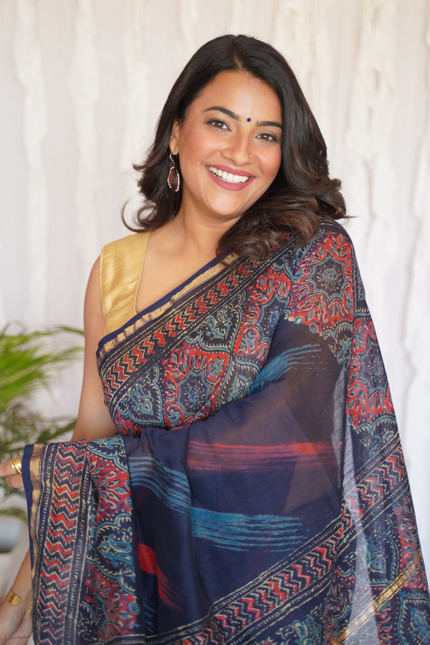 Navy Blue and Crimson Red Cotton and Silk Chanderi Handblock Print Saree