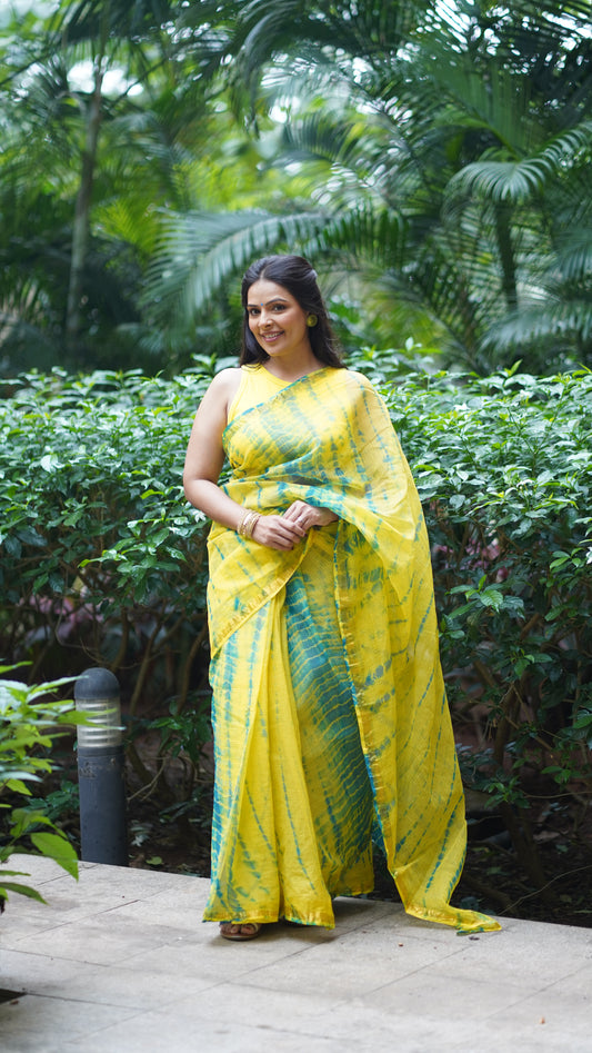 Lemon Yellow and Teal Green Kota Doria Saree