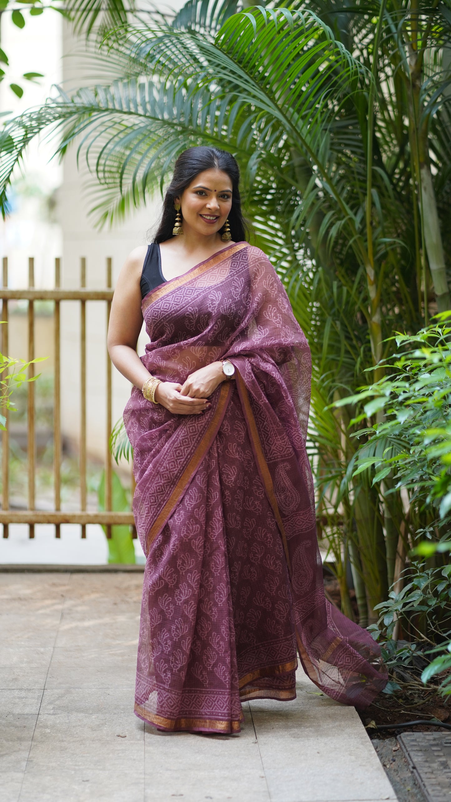 Grape Wine Kota Doria Handblock Print Saree