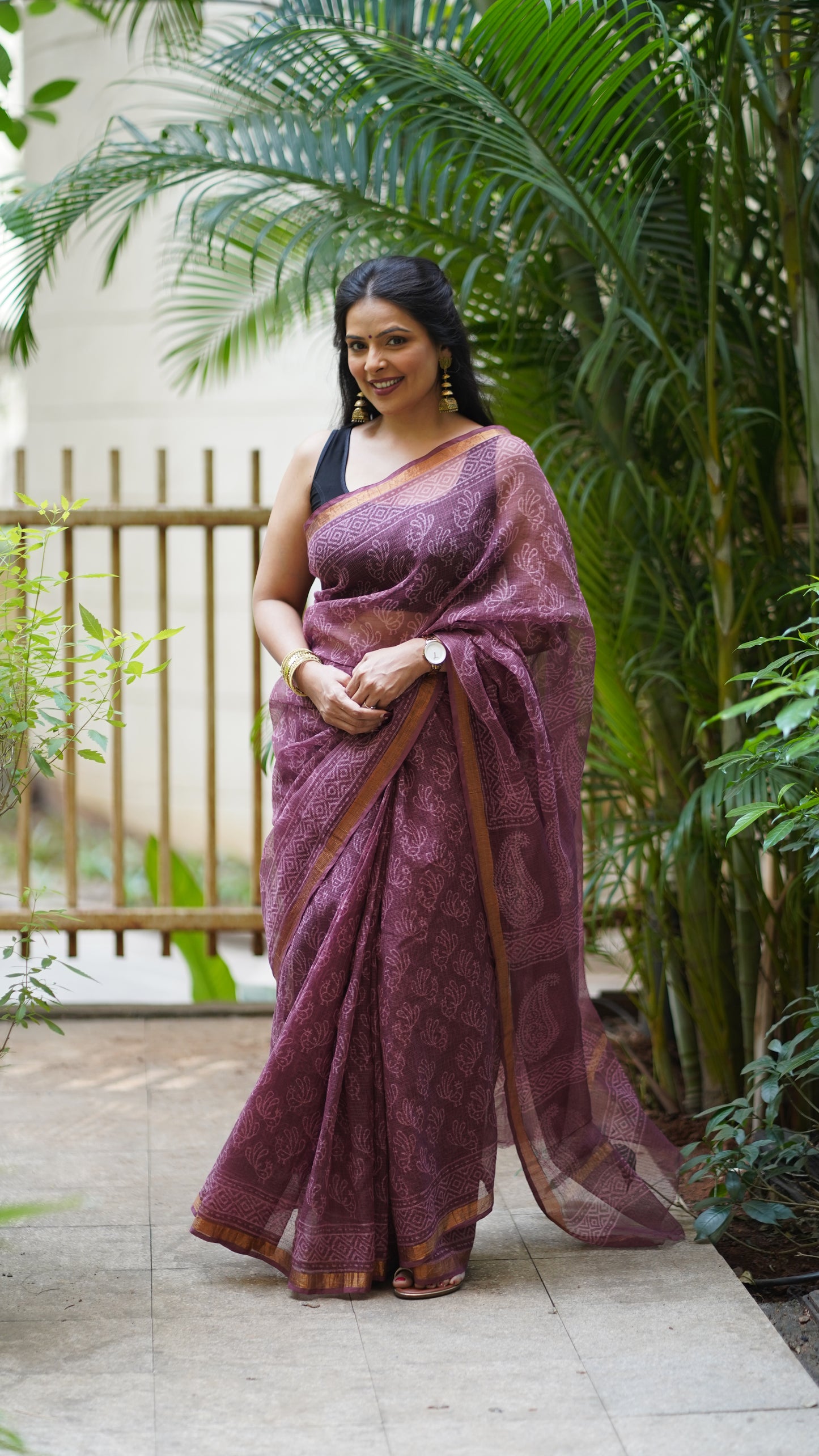 Grape Wine Kota Doria Handblock Print Saree