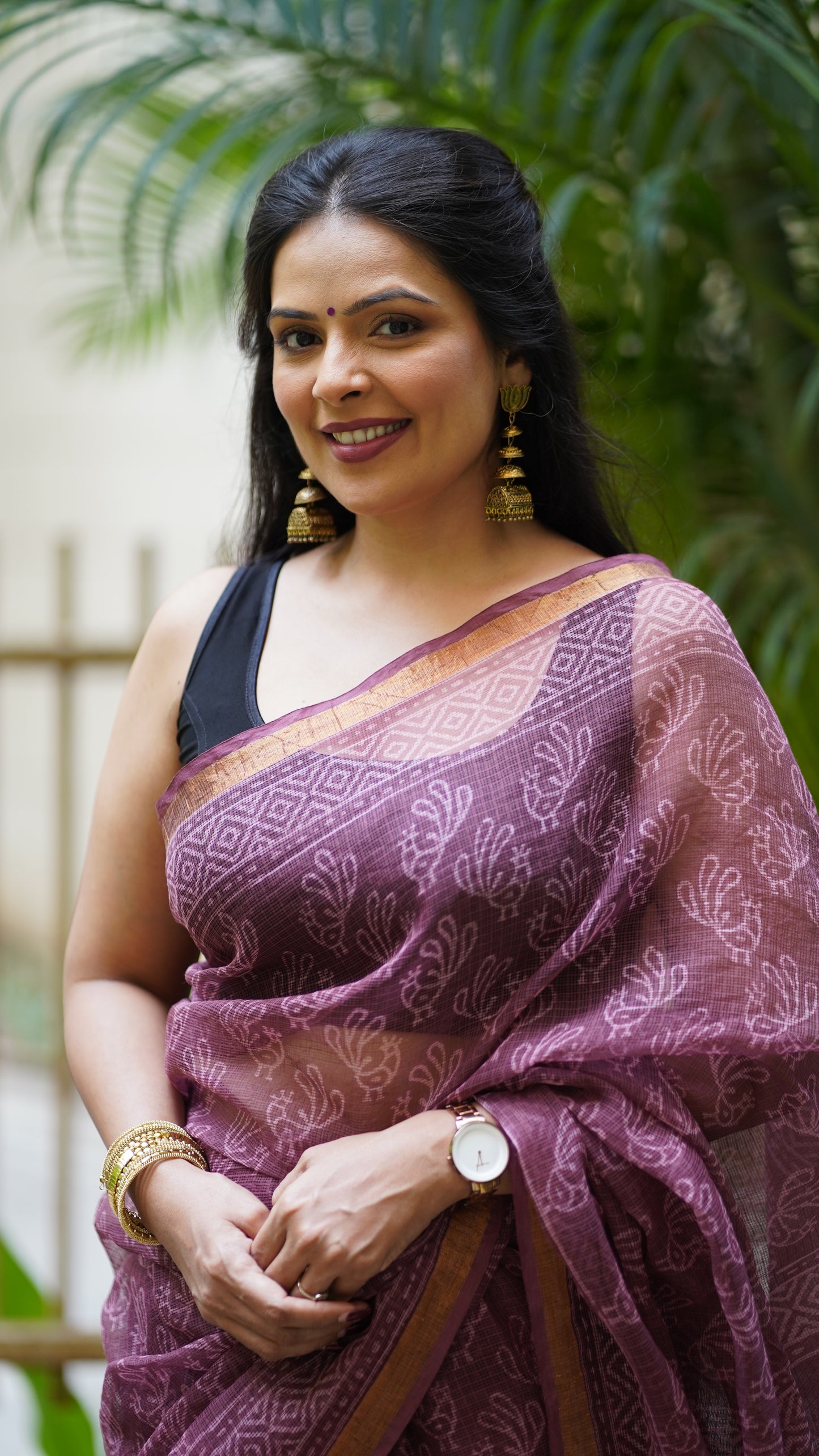 Grape Wine Kota Doria Handblock Print Saree