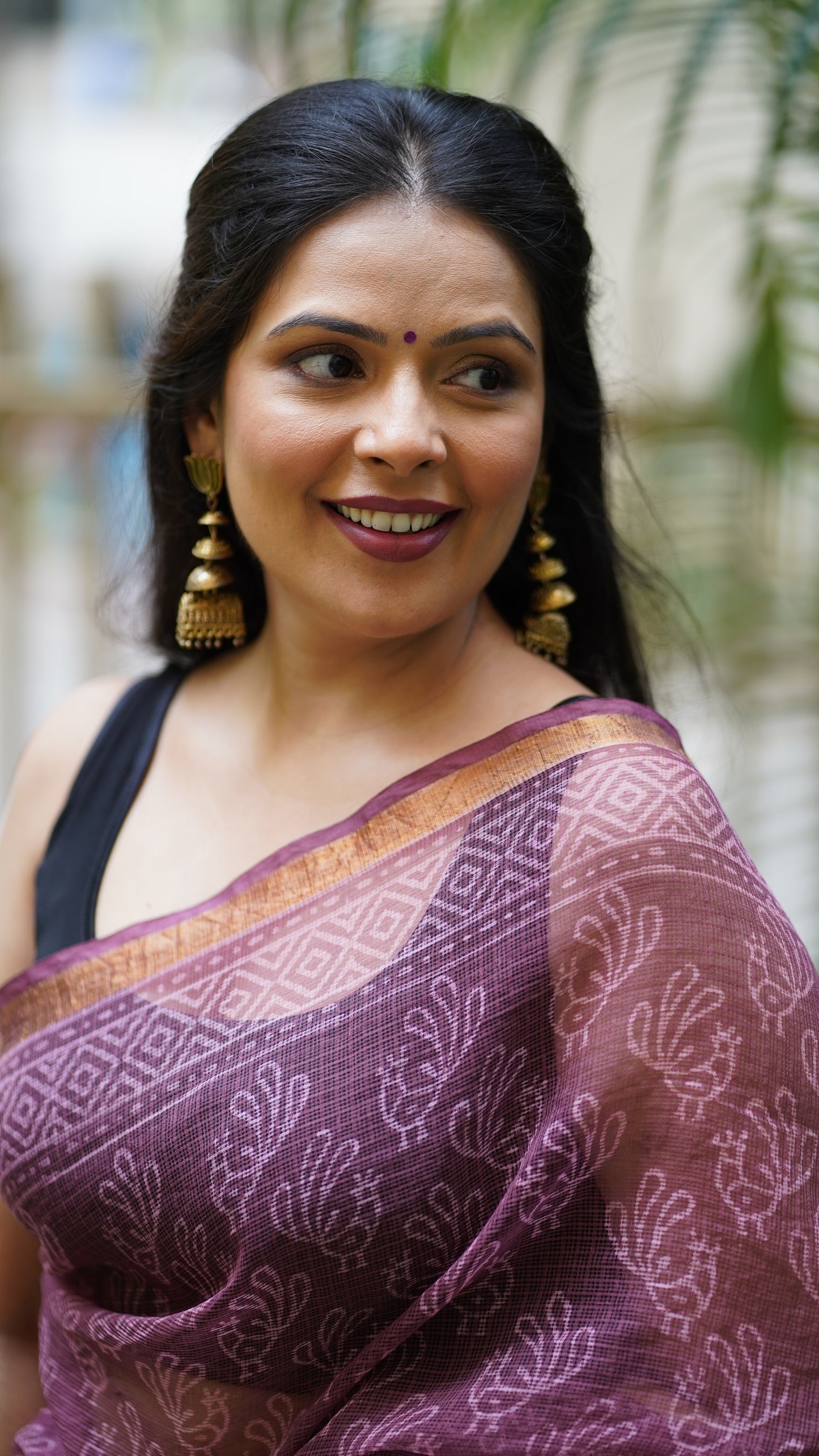 Grape Wine Kota Doria Handblock Print Saree