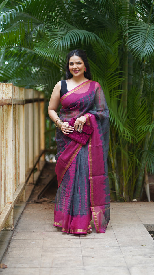 Pink and Graphite Grey Kota Doria Saree