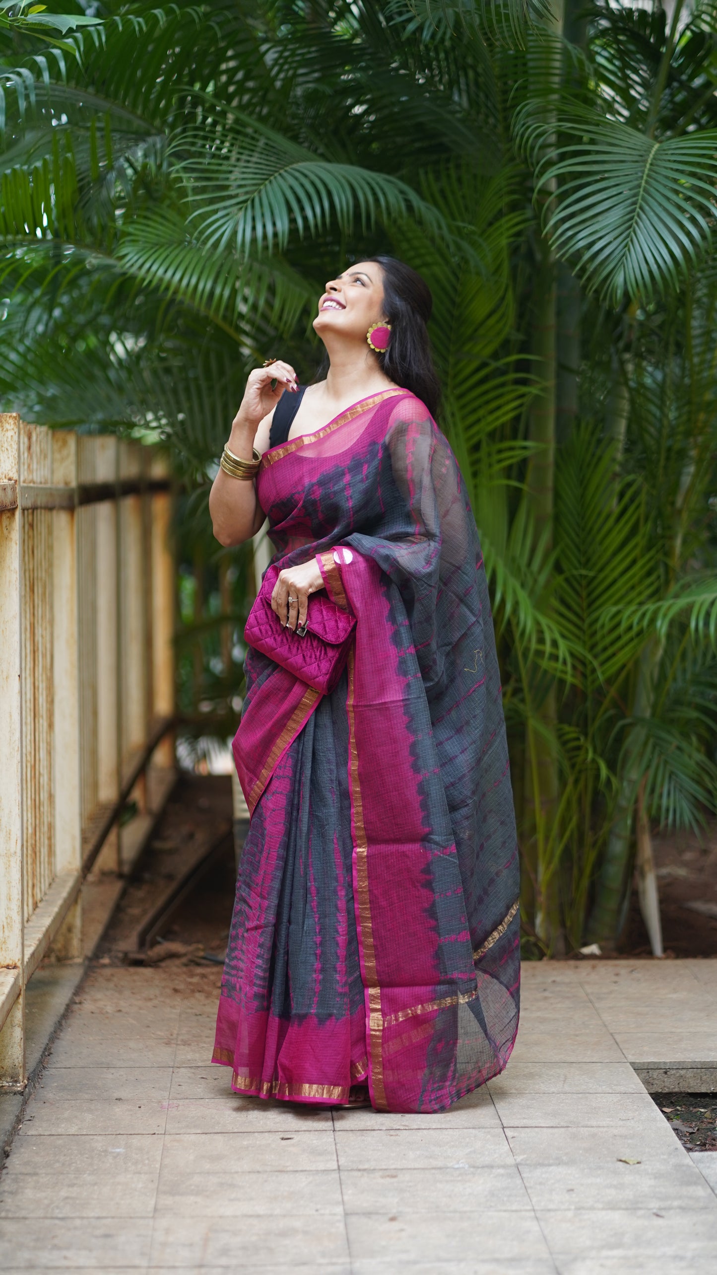 Pink and Graphite Grey Kota Doria Saree