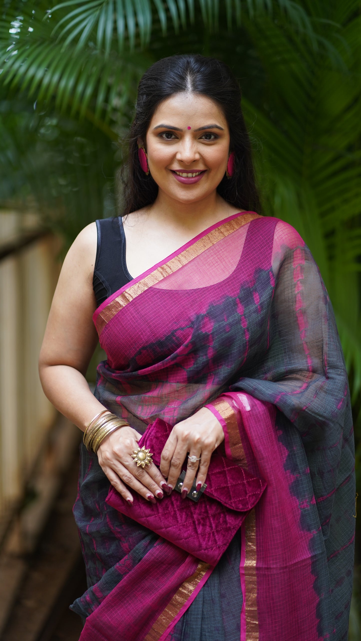 Pink and Graphite Grey Kota Doria Saree