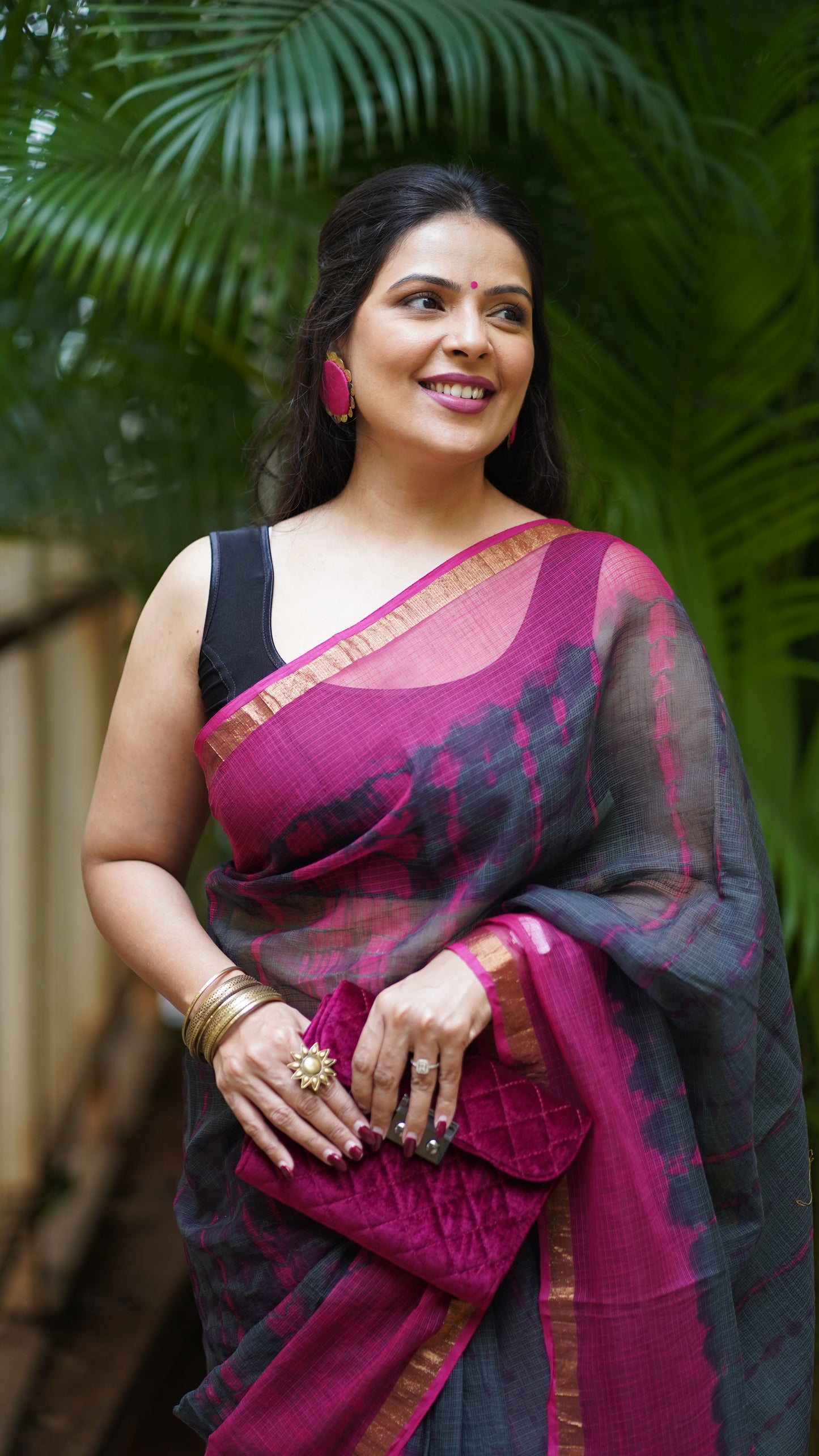 Pink and Graphite Grey Kota Doria Saree