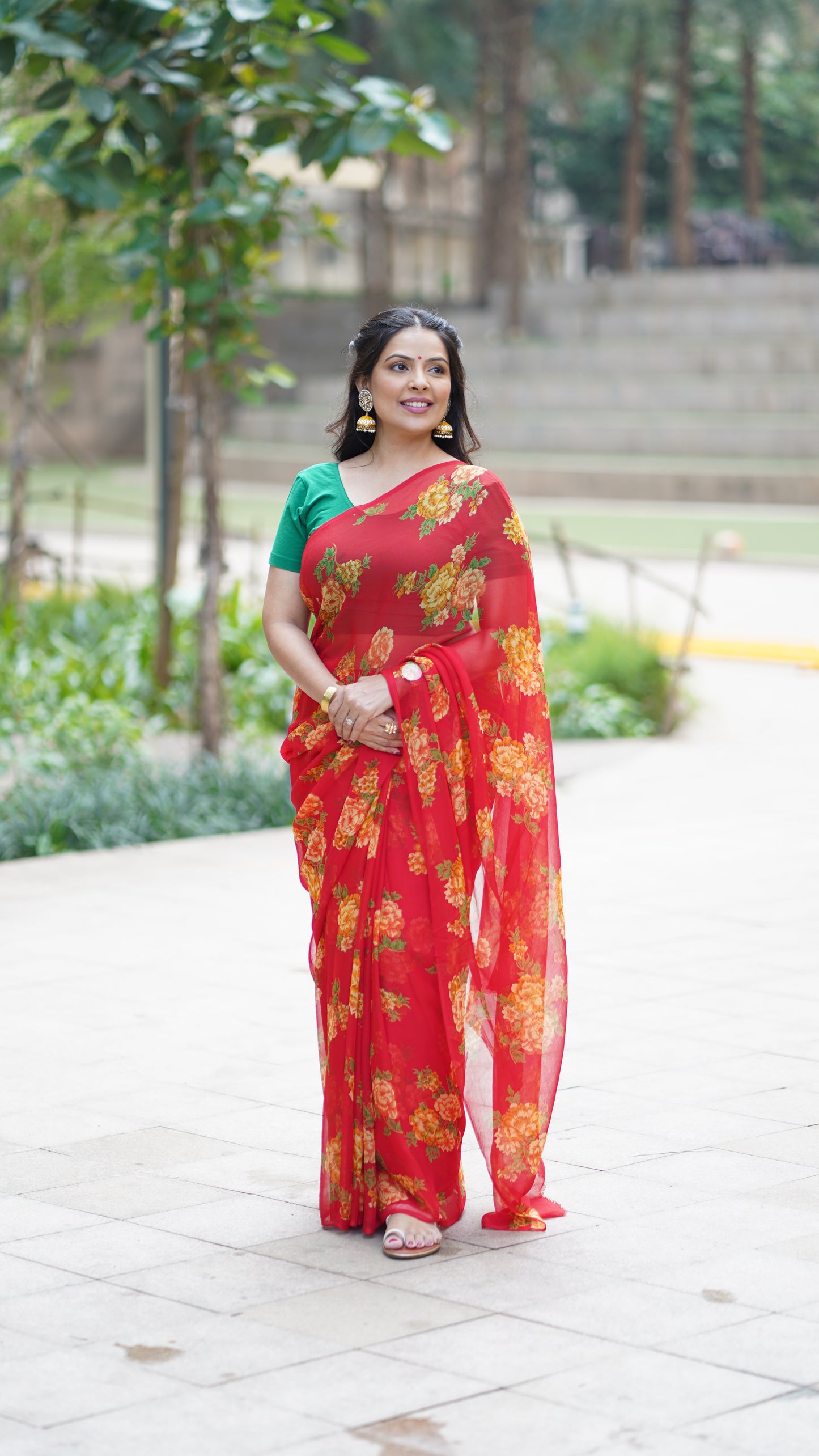 Red Chiffon Printed Saree