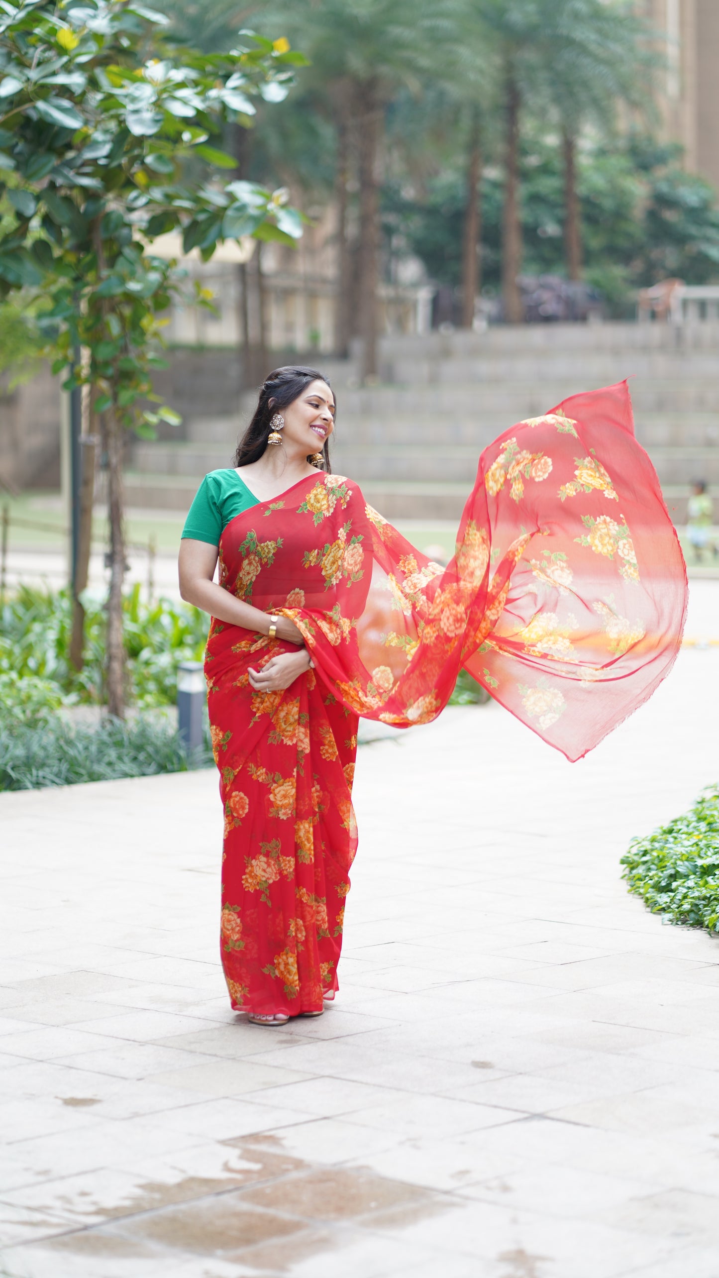 Red Chiffon Printed Saree
