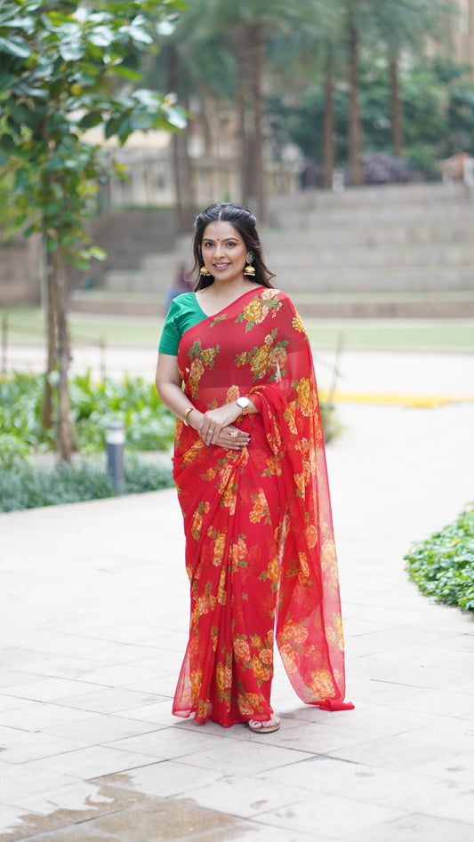 Red Chiffon Printed Saree