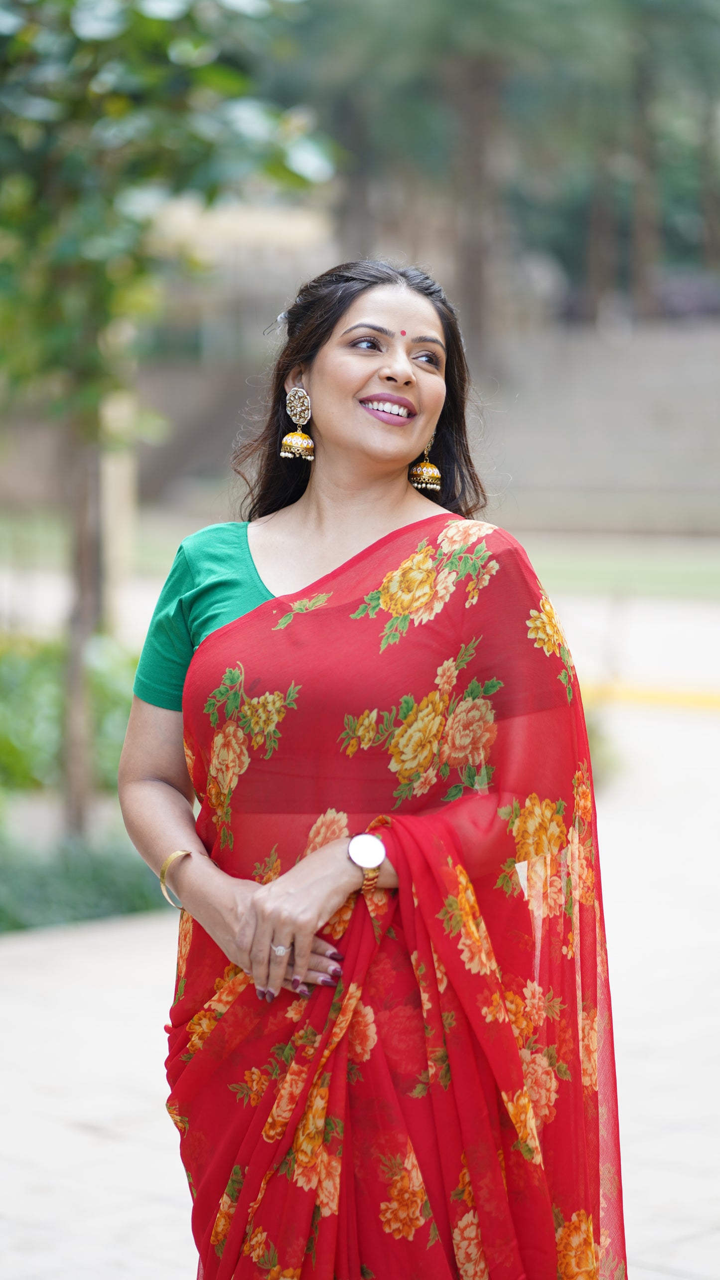 Red Chiffon Printed Saree