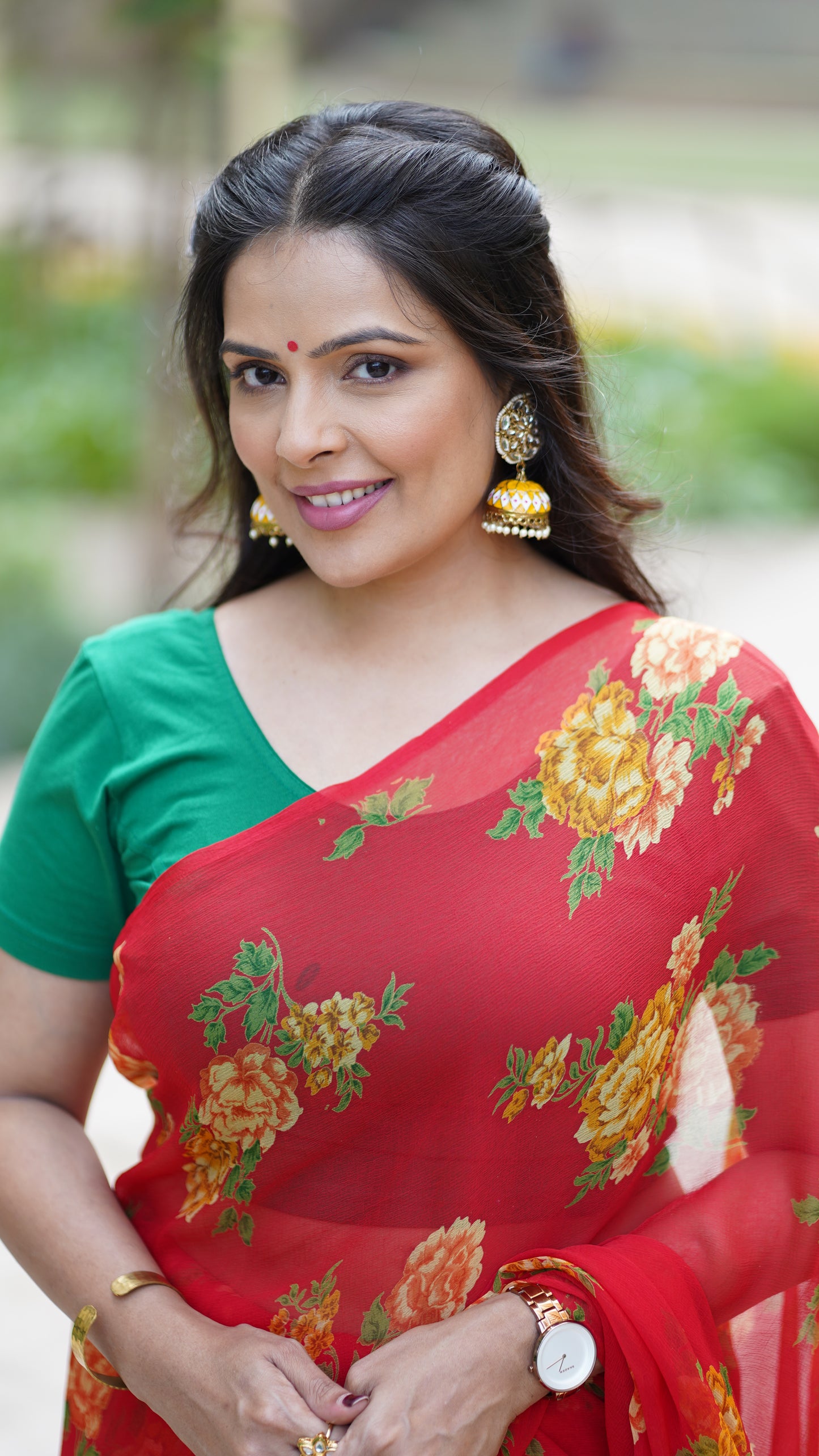 Red Chiffon Printed Saree