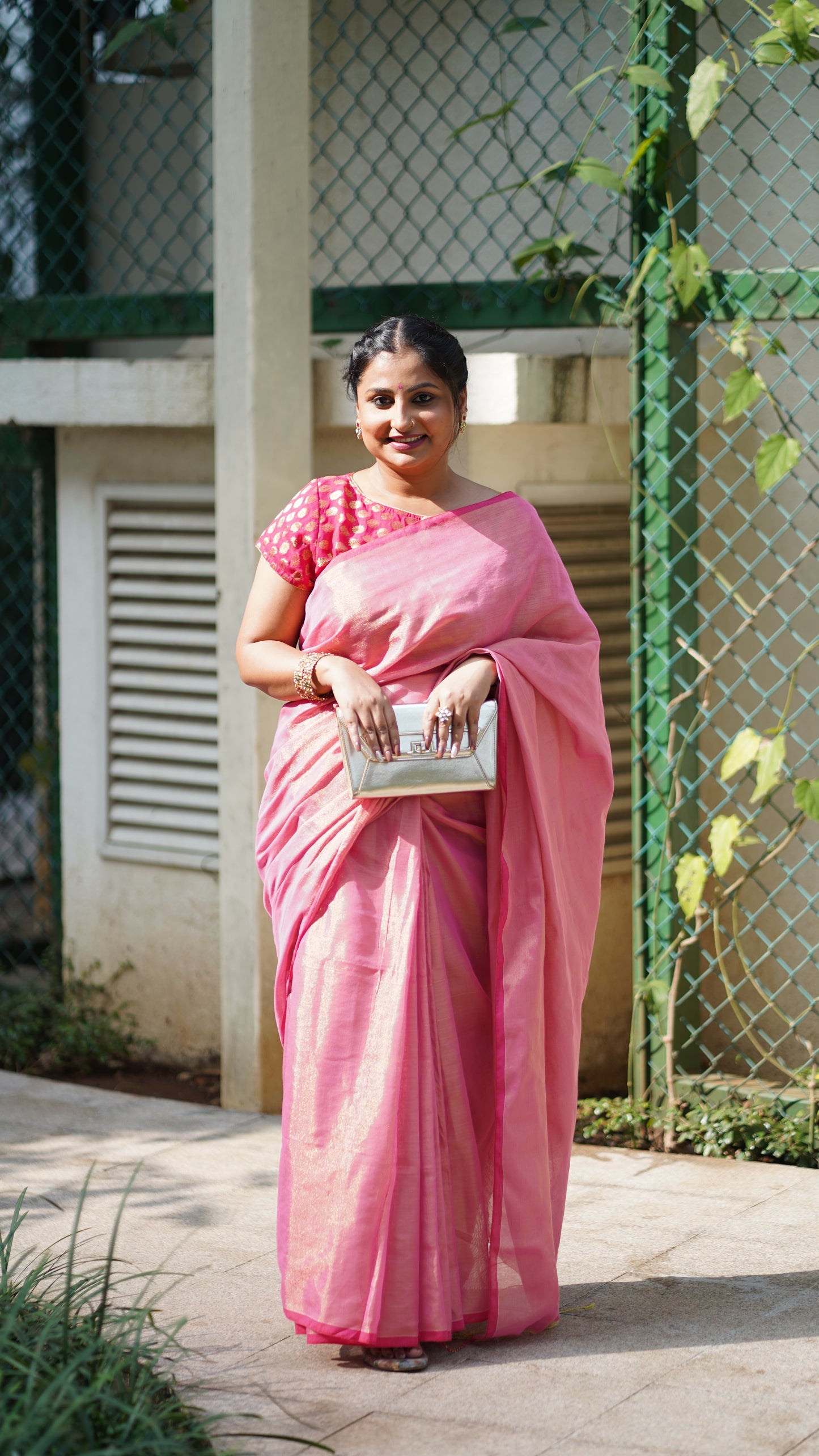 Pink and Golden Cotton Tissue Saree