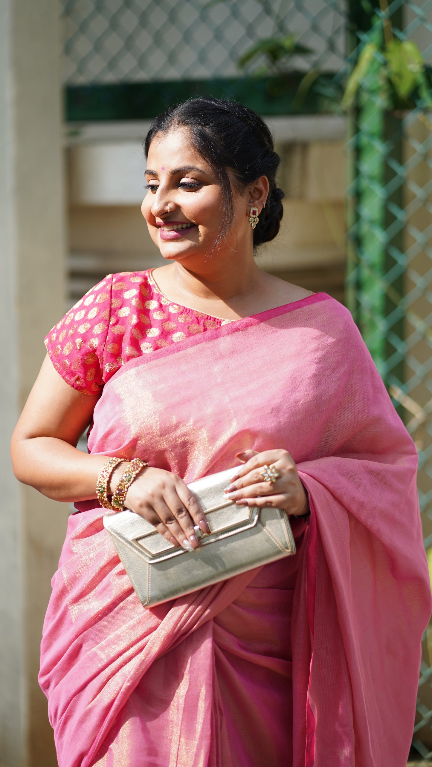 Pink and Golden Cotton Tissue Saree