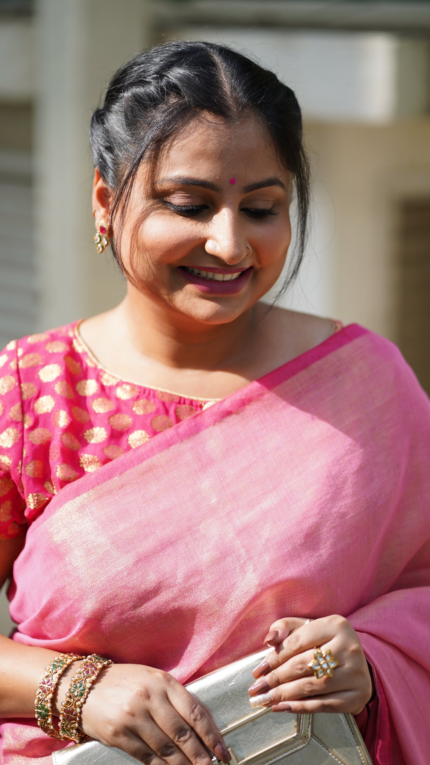 Pink and Golden Cotton Tissue Saree