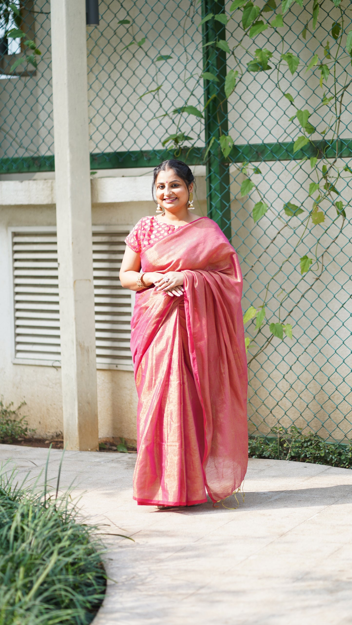 Rani Pink and Golden Cotton Tissue Saree