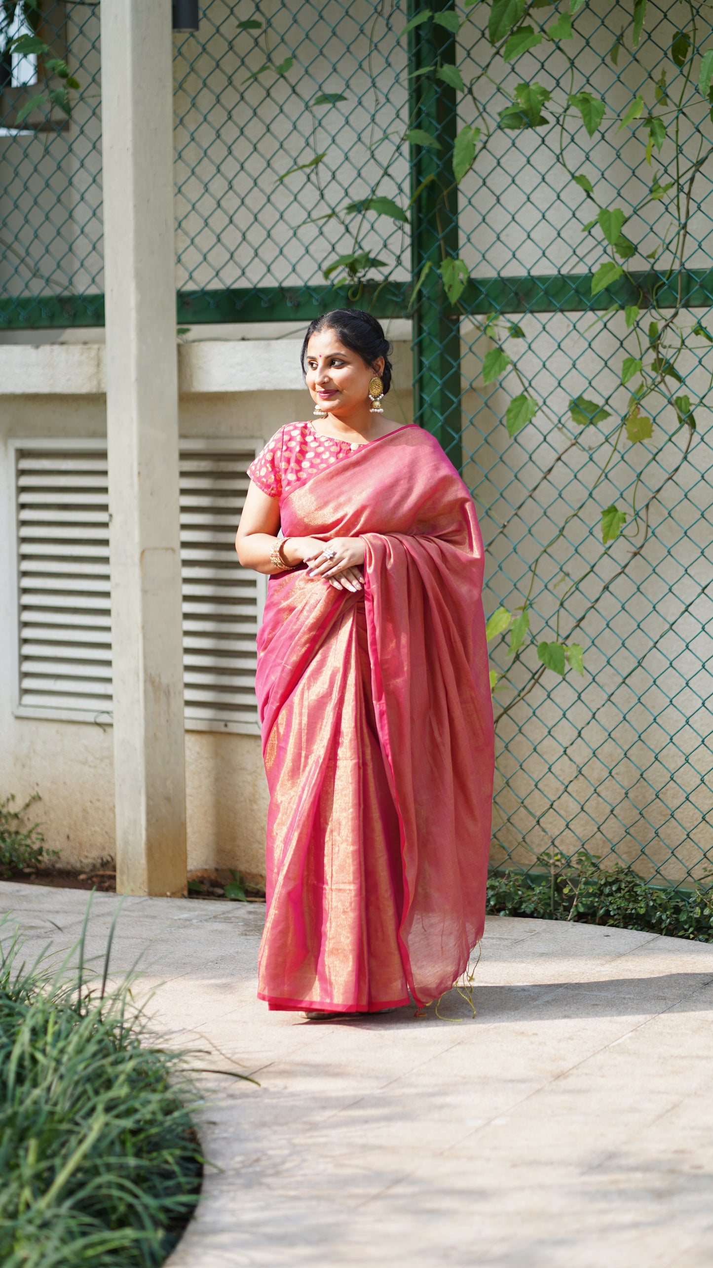 Rani Pink and Golden Cotton Tissue Saree