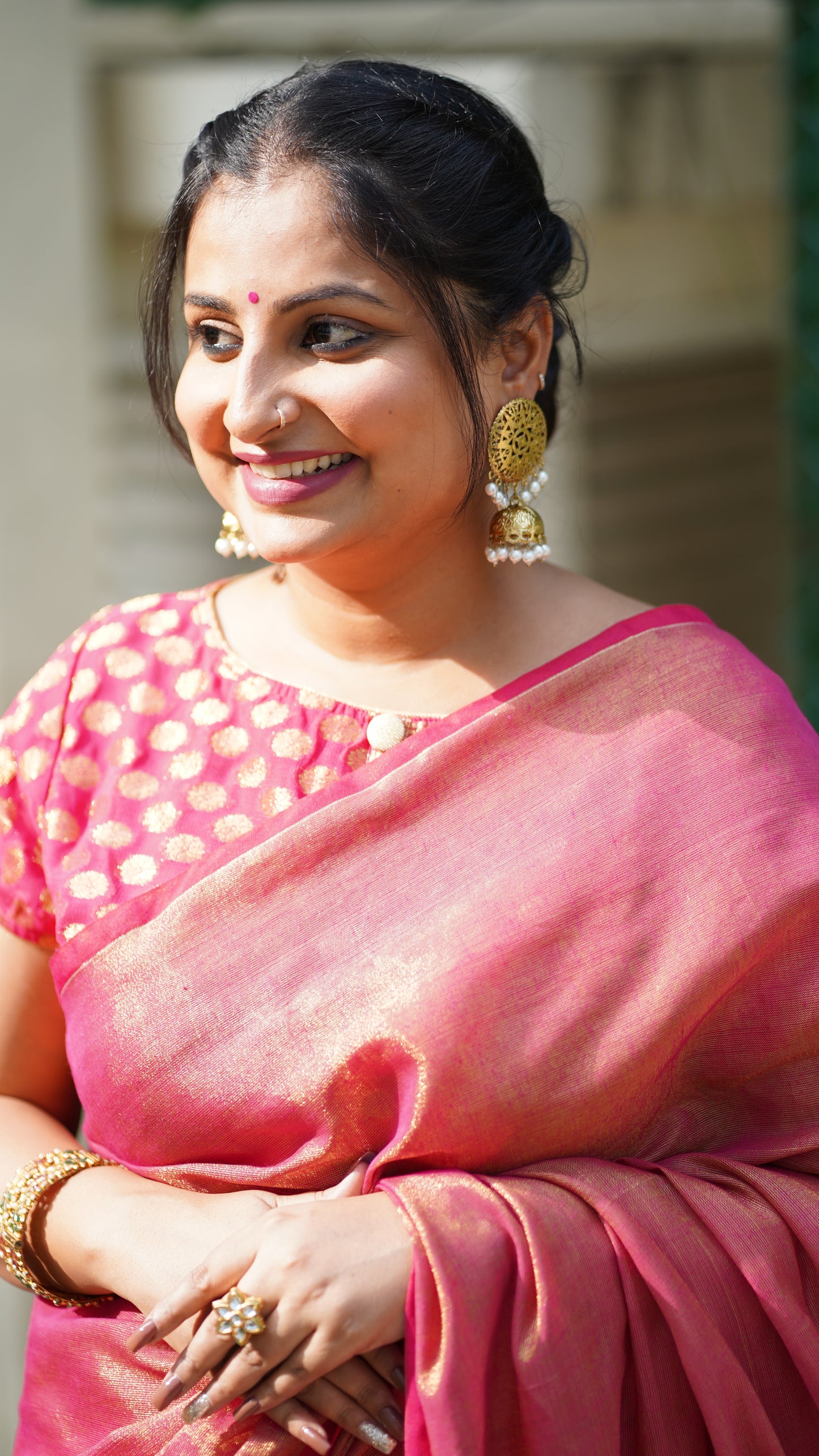 Rani Pink and Golden Cotton Tissue Saree