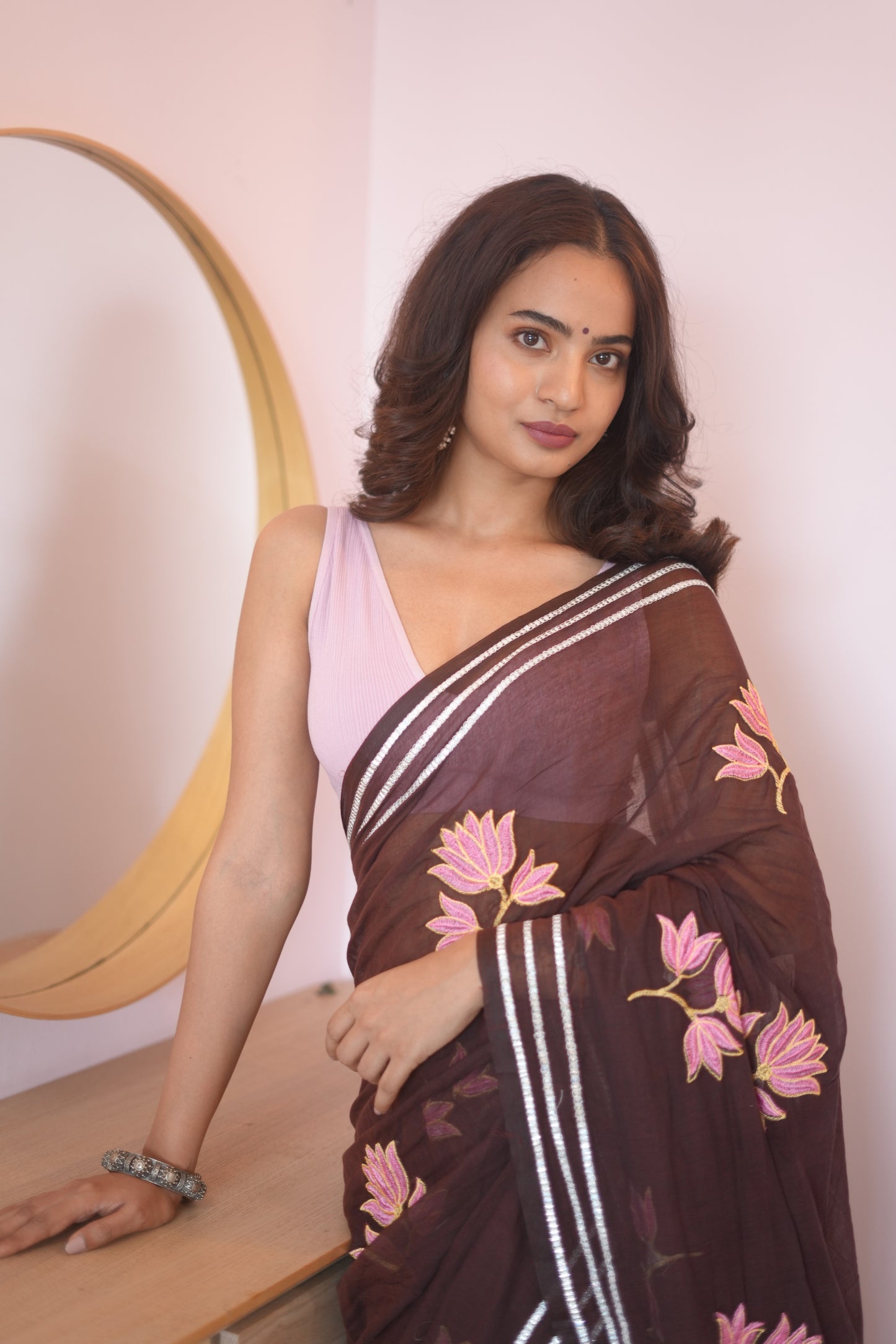 Deep Chocolate Brown Lotus Bloom Embroidered Mul Cotton Saree