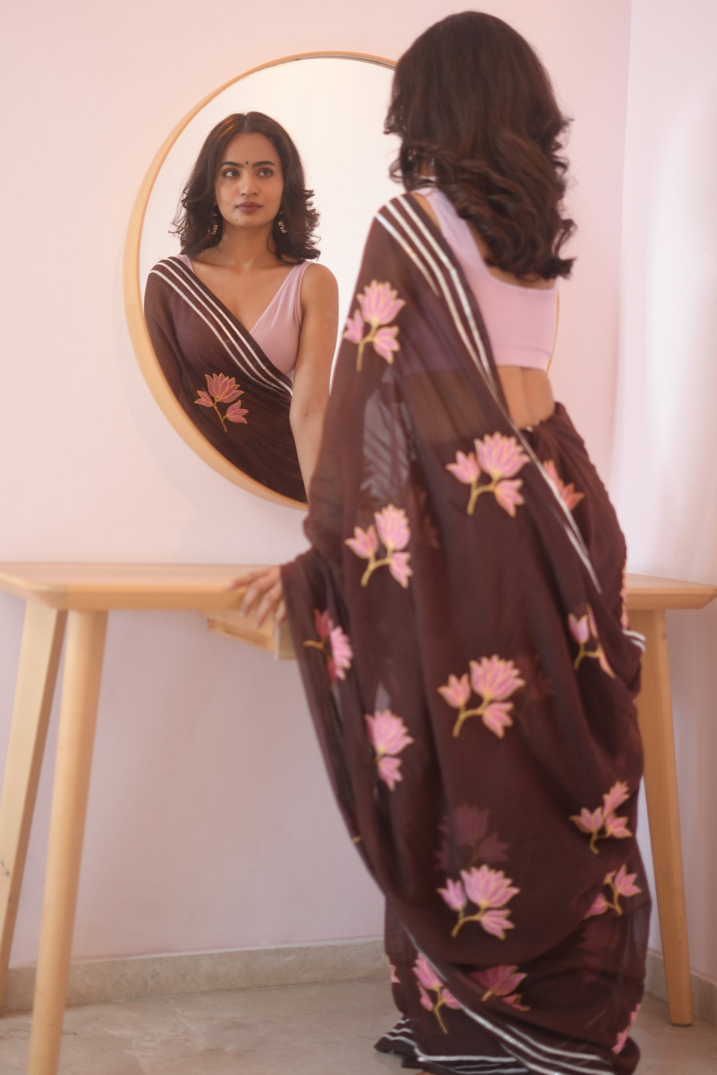 Deep Chocolate Brown Lotus Bloom Embroidered Mul Cotton Saree