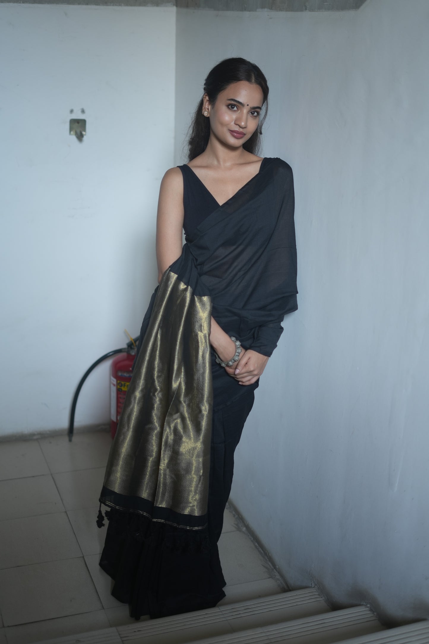 Black & Antique Gold Khaadi Cotton Saree