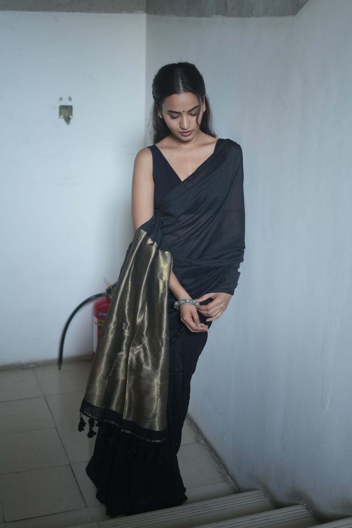 Black & Antique Gold Khaadi Cotton Saree