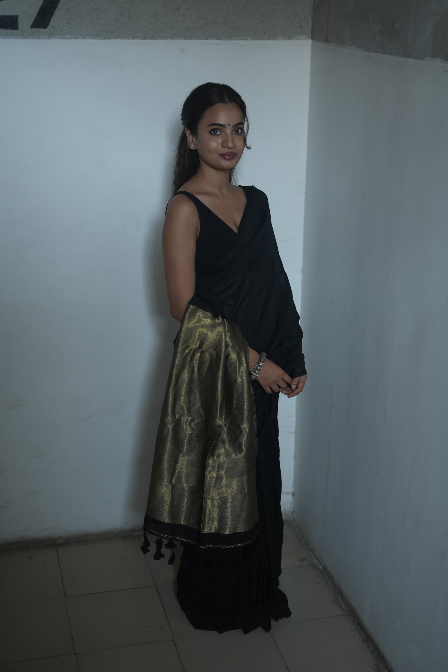 Black & Antique Gold Khaadi Cotton Saree