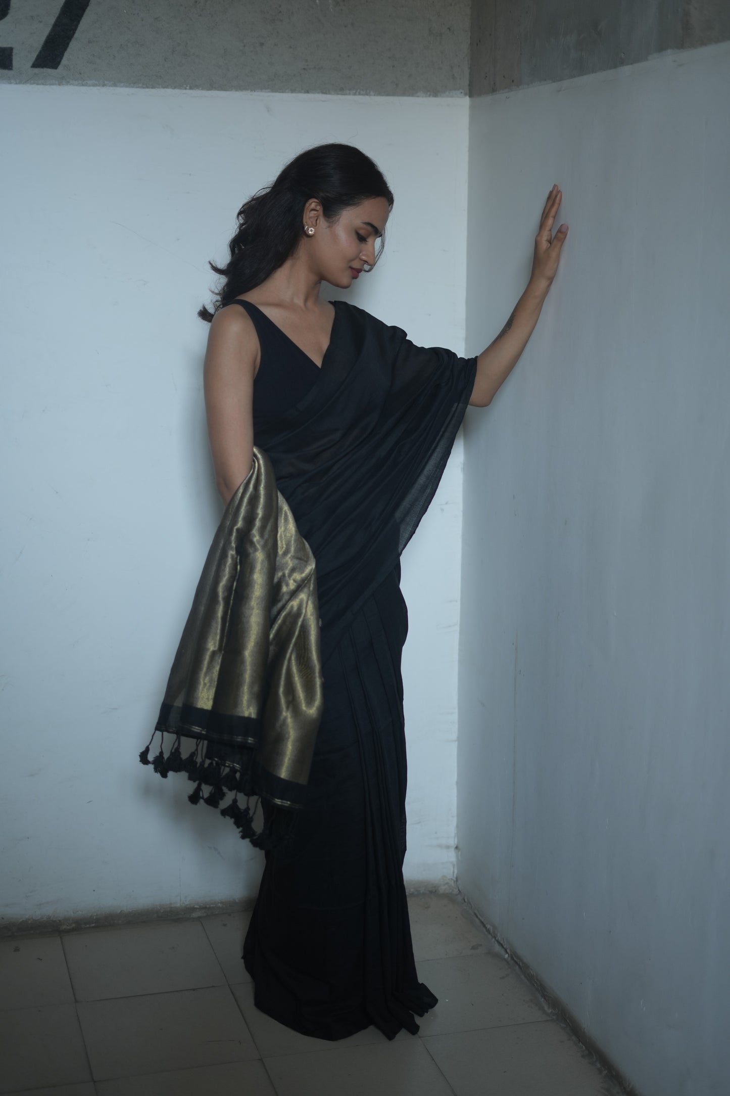 Black & Antique Gold Khaadi Cotton Saree