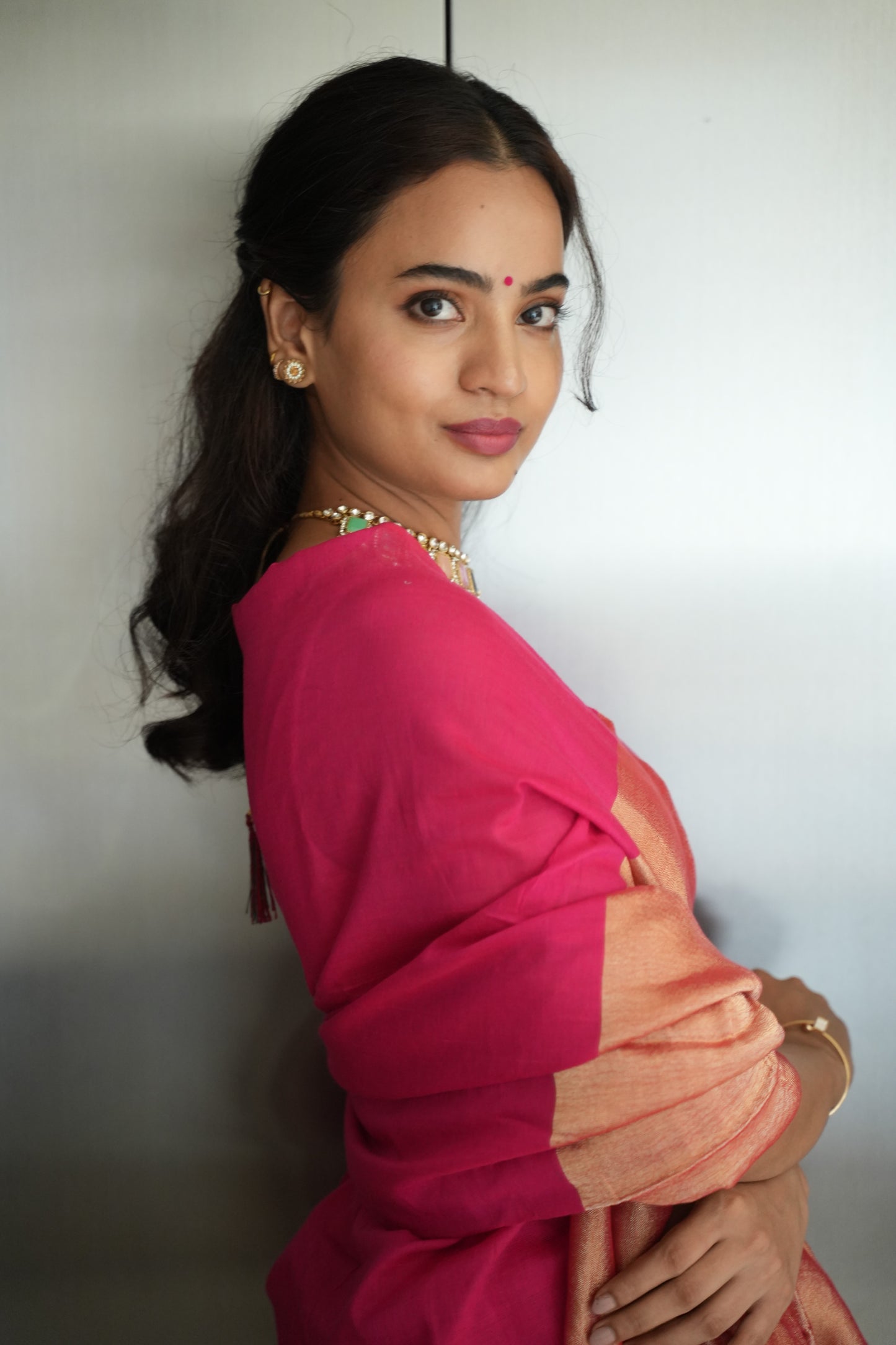 Mauve Pink & Antique Gold Khaadi Cotton Saree