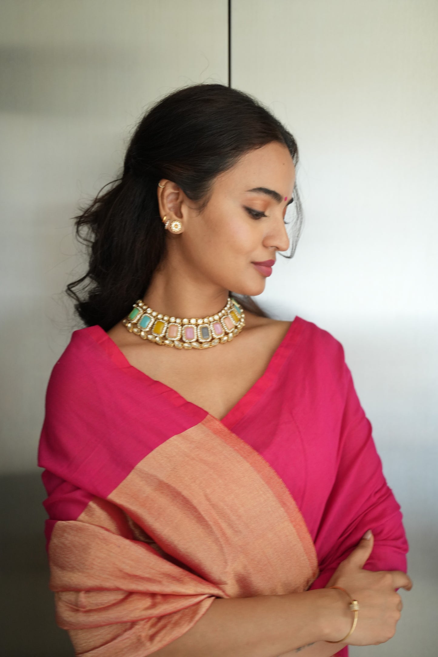 Mauve Pink & Antique Gold Khaadi Cotton Saree