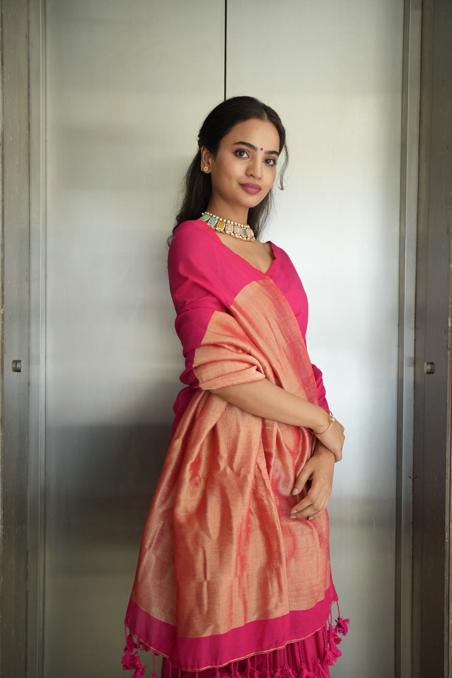 Mauve Pink & Antique Gold Khaadi Cotton Saree