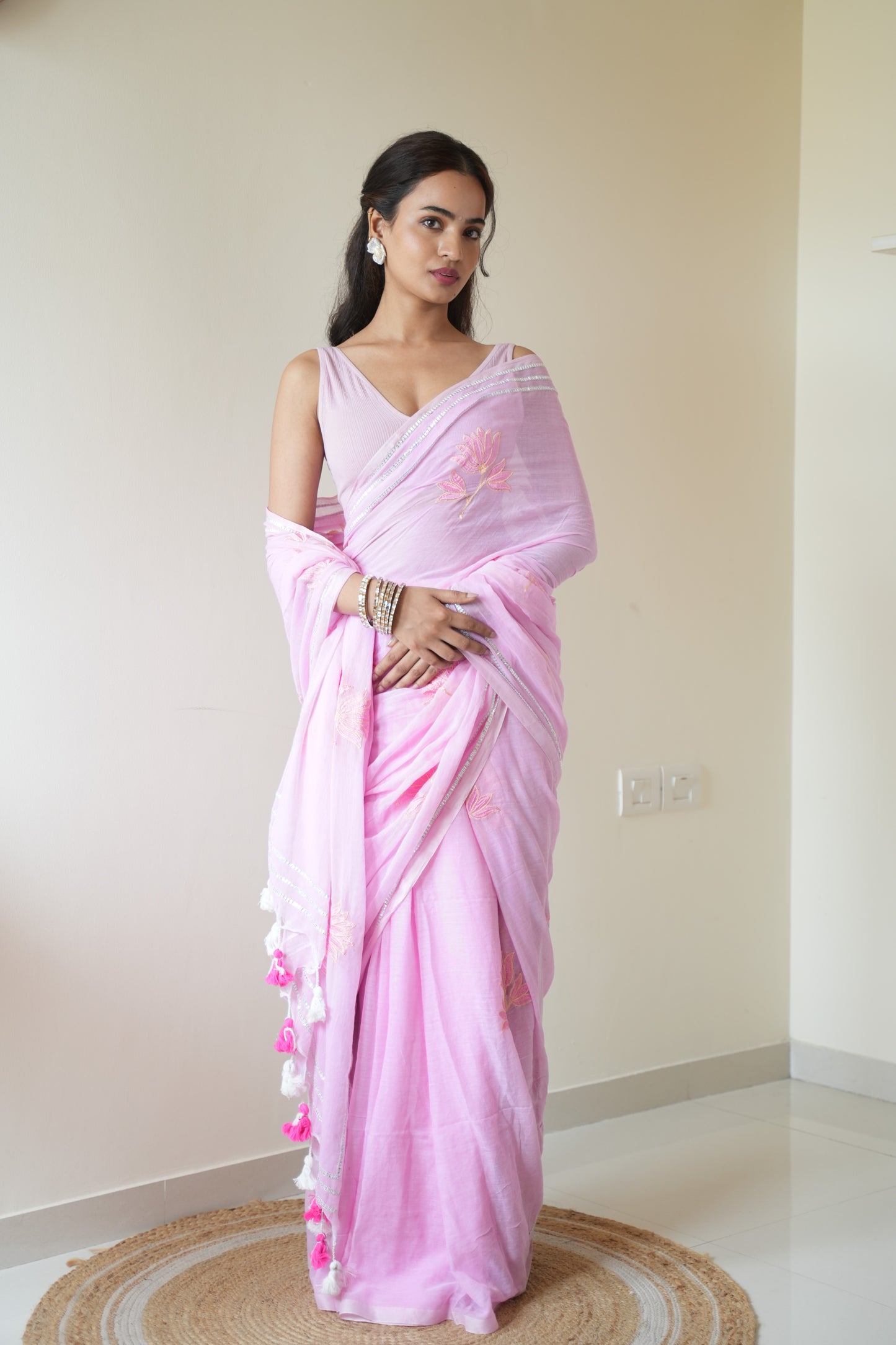 Pastel Pink Lotus Bloom Embroidered Mul Cotton Saree