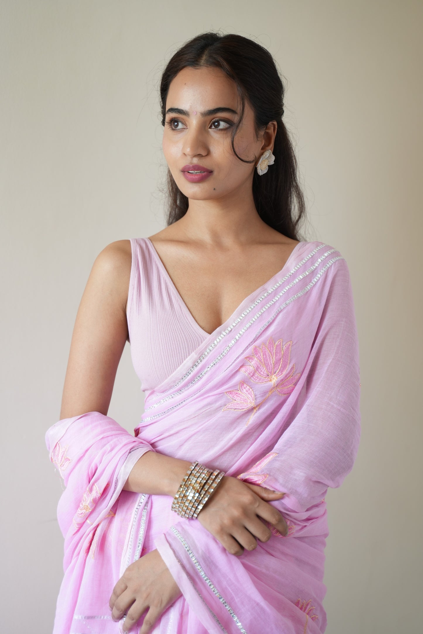 Pastel Pink Lotus Bloom Embroidered Mul Cotton Saree