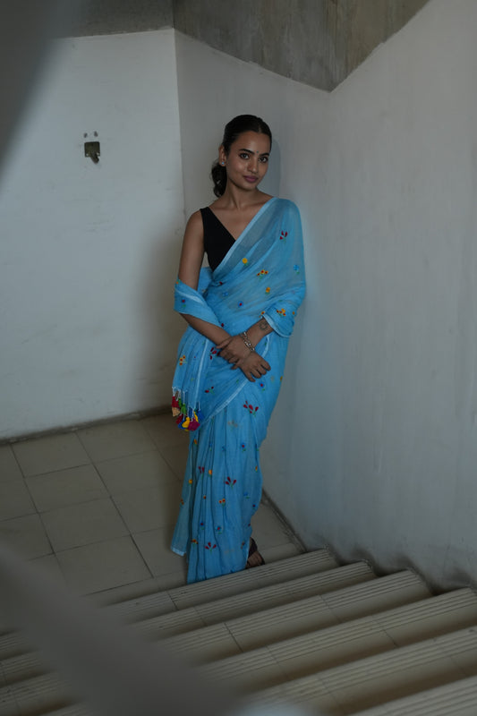 Aqua Blue Rang Birange Phool Embroidered Mul Cotton saree