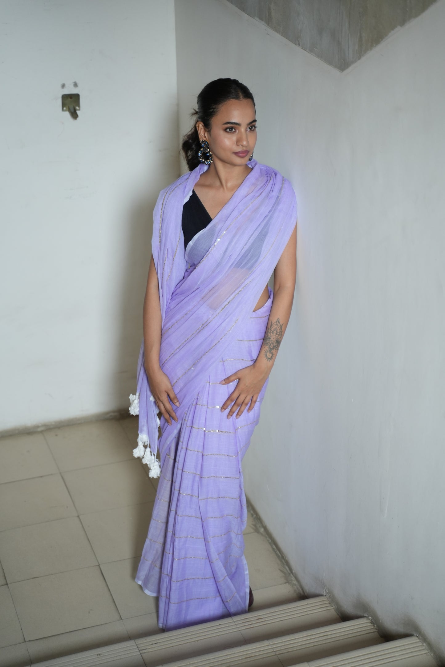 Pastel Lavender Sequinned Mul Cotton Saree