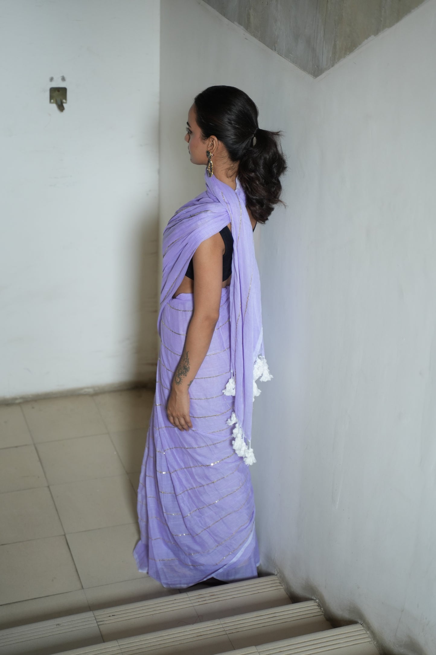 Pastel Lavender Sequinned Mul Cotton Saree