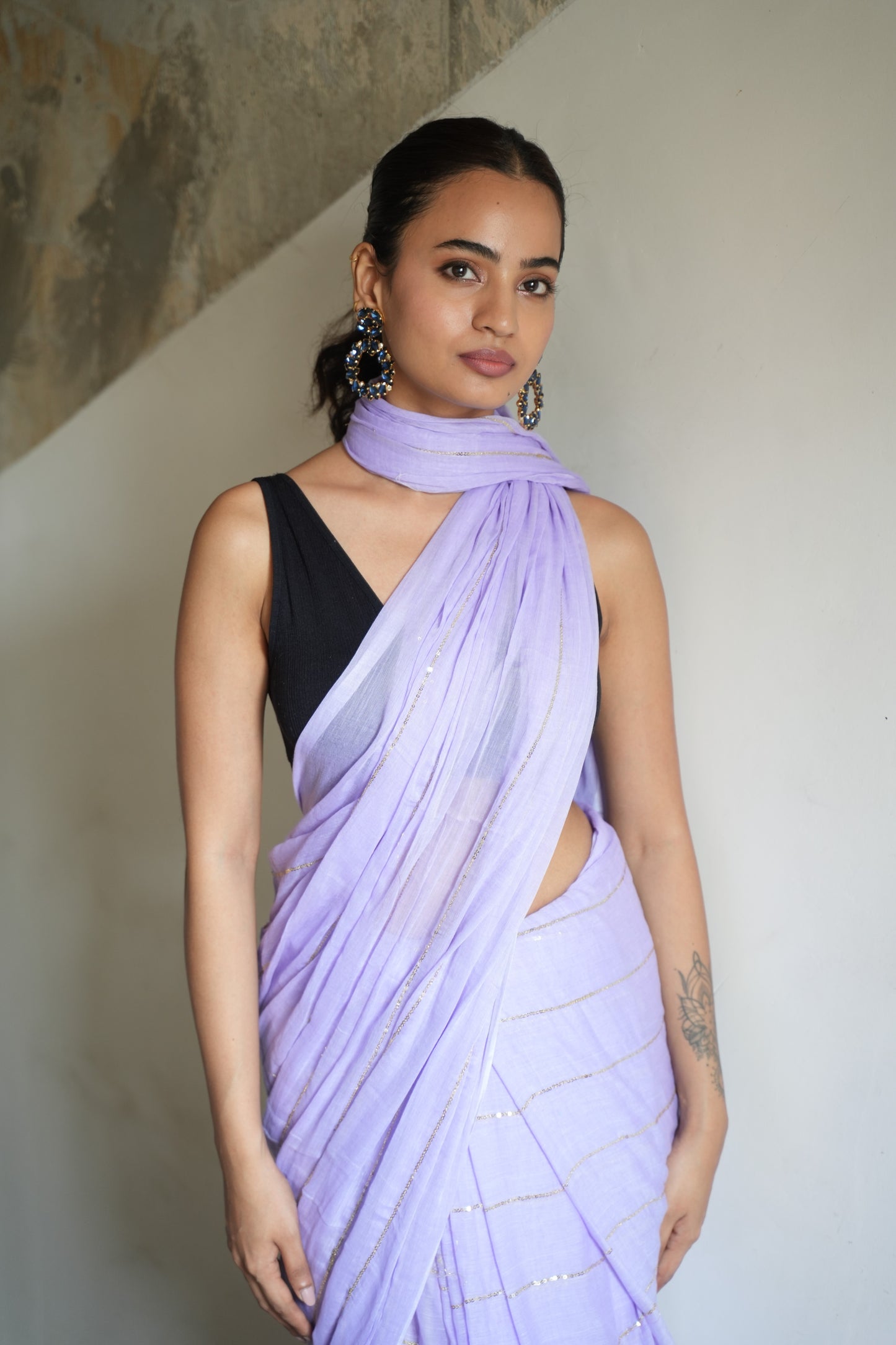 Pastel Lavender Sequinned Mul Cotton Saree