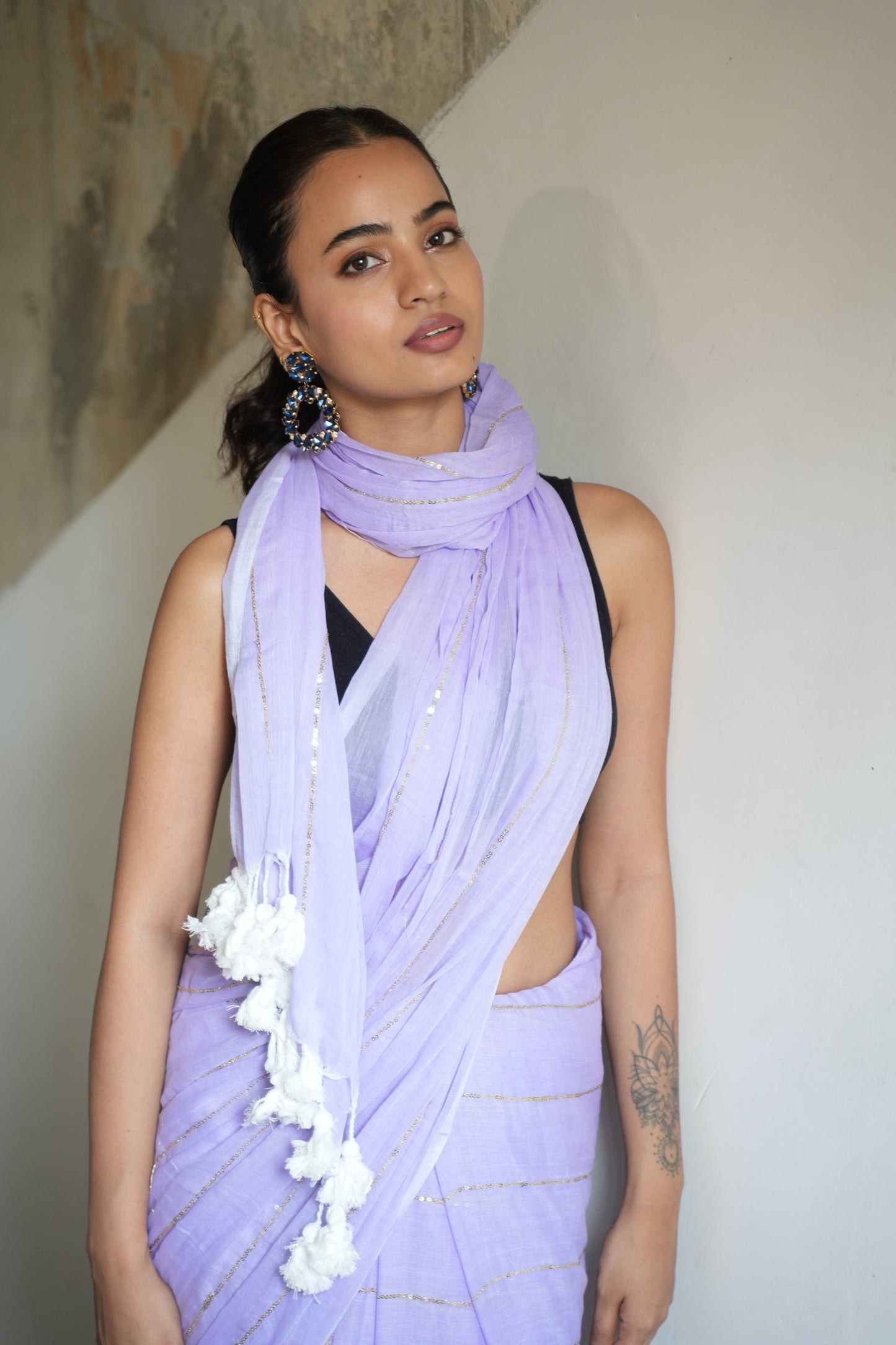 Pastel Lavender Sequinned Mul Cotton Saree