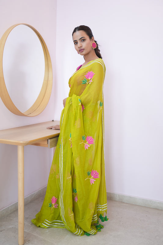 Lime Green Lotus Bloom Embroidered Mul Cotton Saree