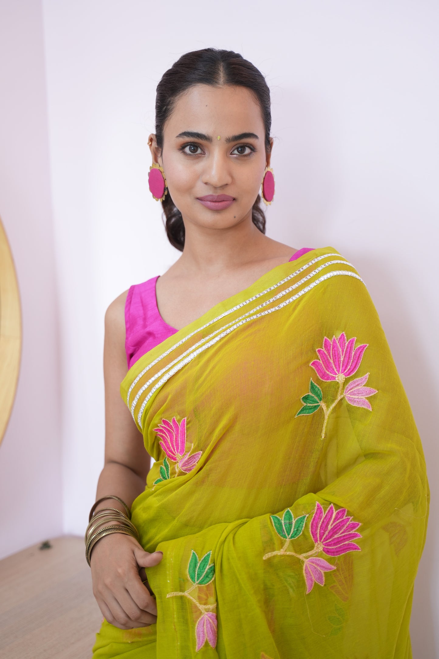 Lime Green Lotus Bloom Embroidered Mul Cotton Saree