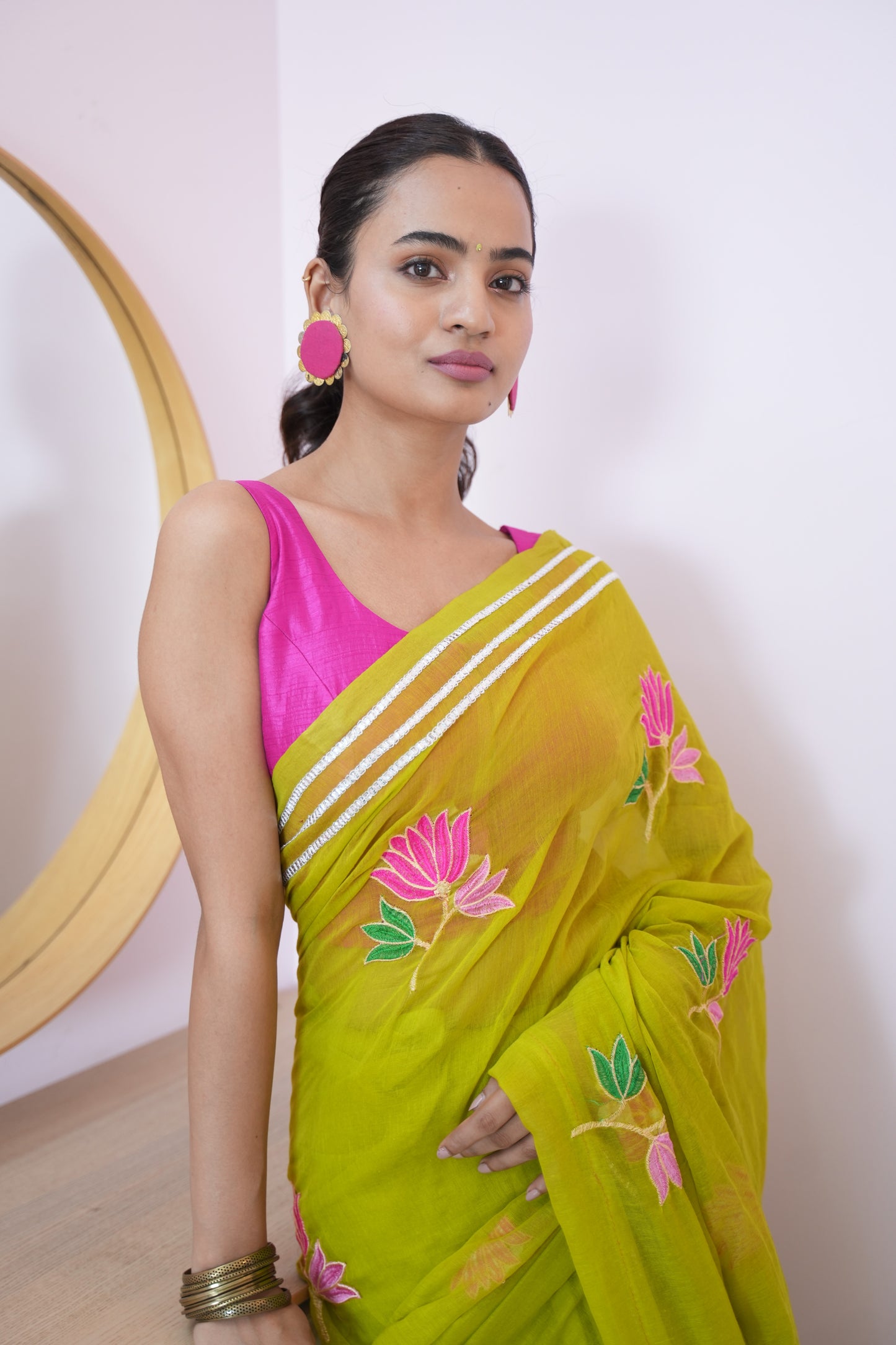 Lime Green Lotus Bloom Embroidered Mul Cotton Saree