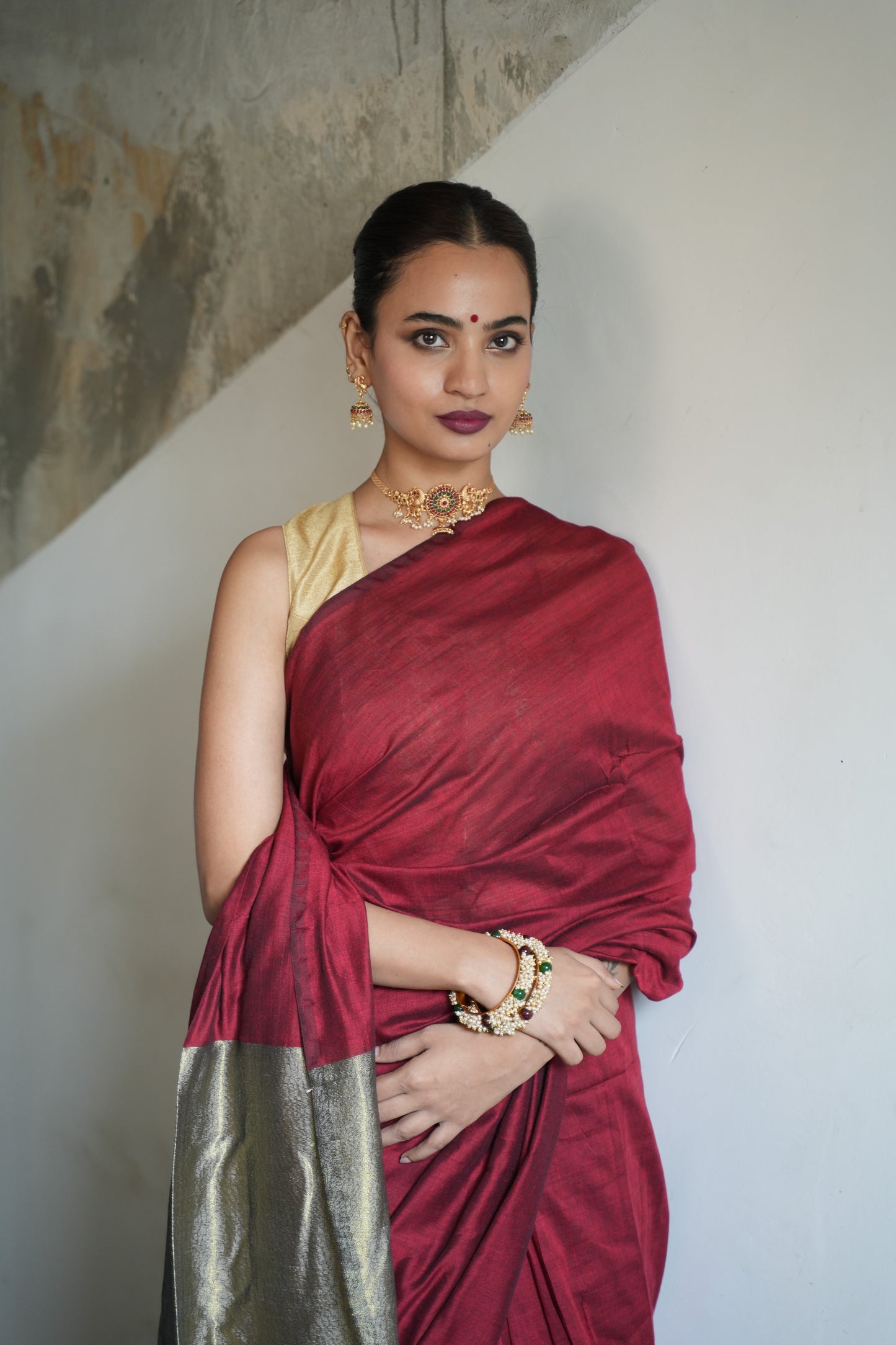 Deep Maroon & Antique Gold Khaadi Cotton Saree