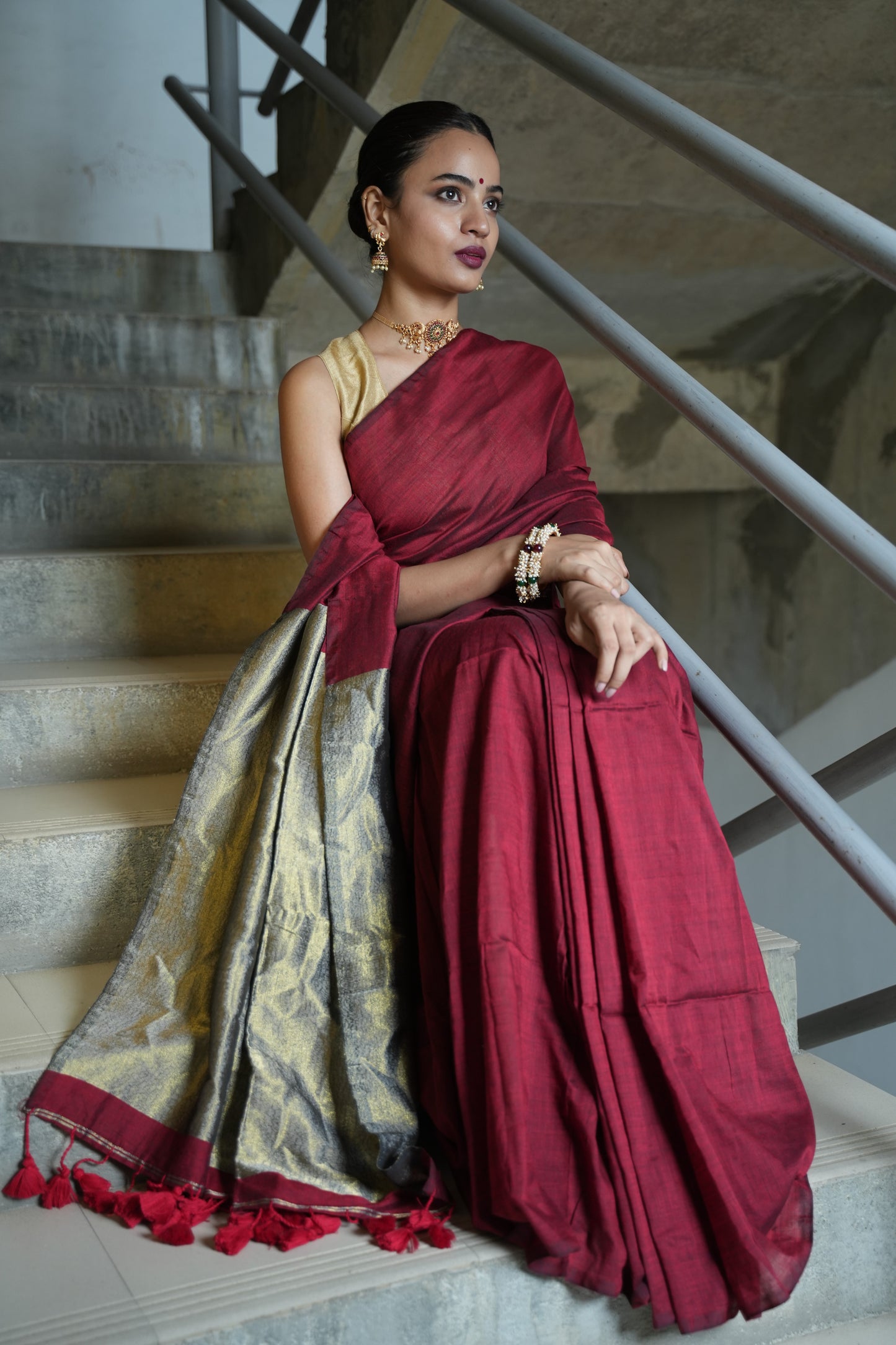 Deep Maroon & Antique Gold Khaadi Cotton Saree