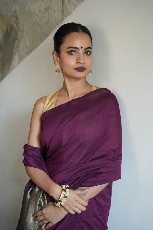Plum Purple & Antique Gold Khaadi Cotton Saree
