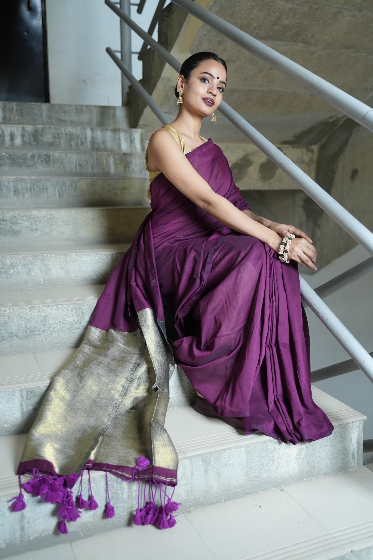 Plum Purple & Antique Gold Khaadi Cotton Saree