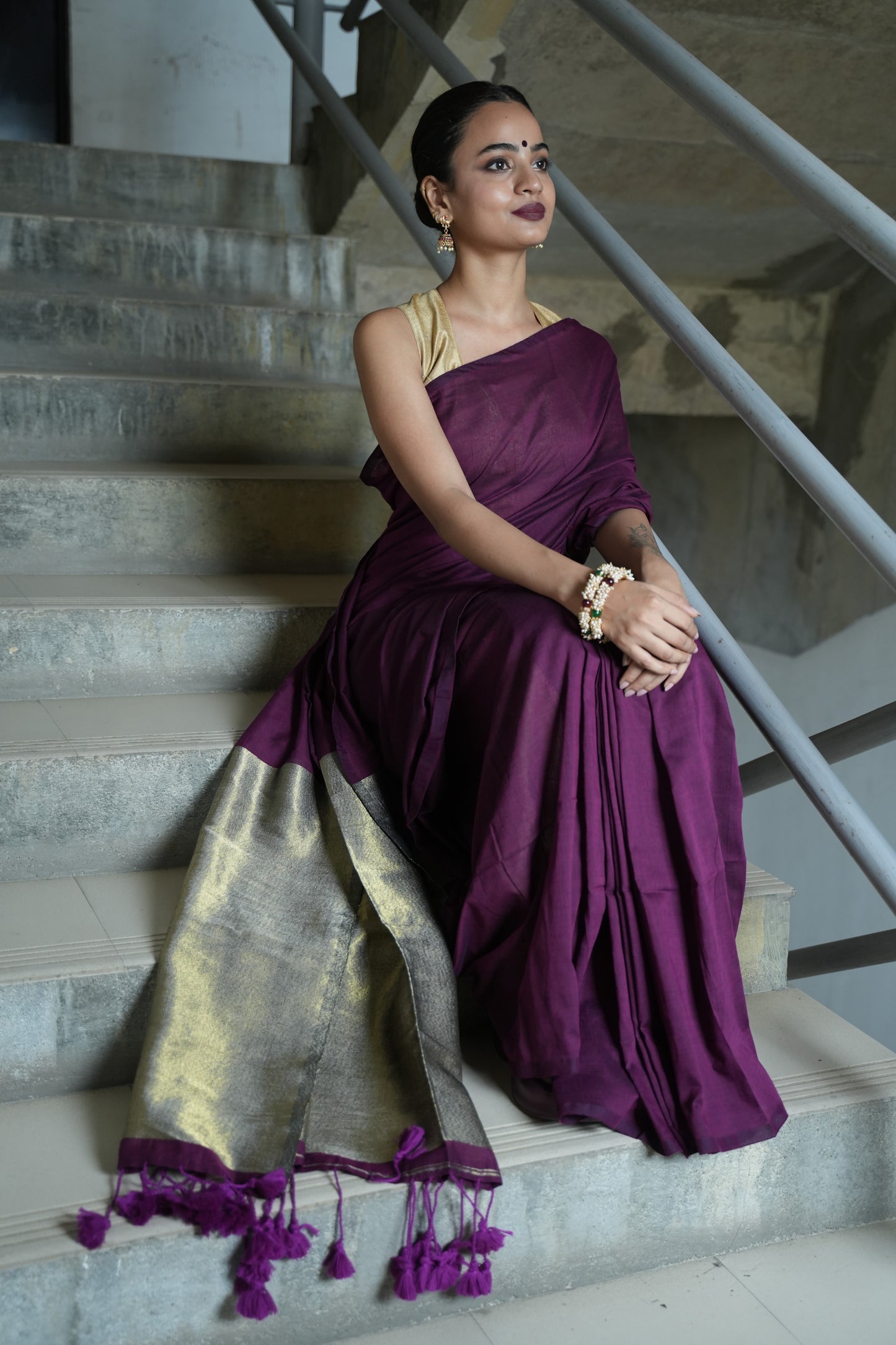 Plum Purple & Antique Gold Khaadi Cotton Saree