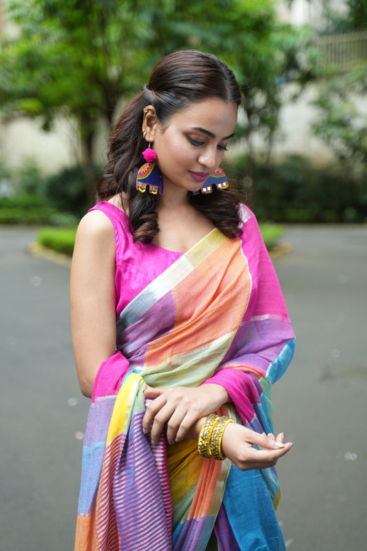 Noorani Checks Multi Coloured Linen Saree