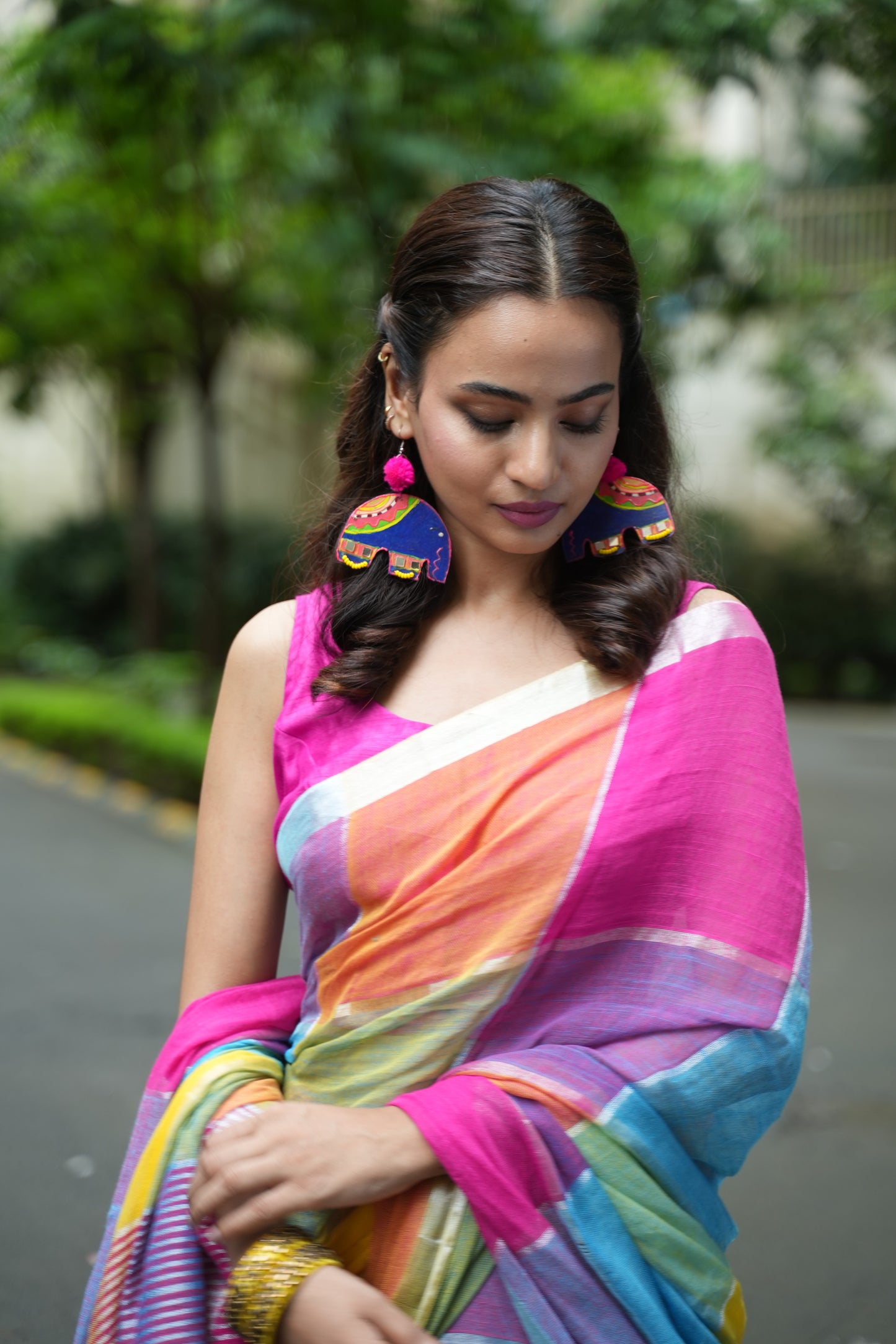 Noorani Checks Multi Coloured Linen Saree