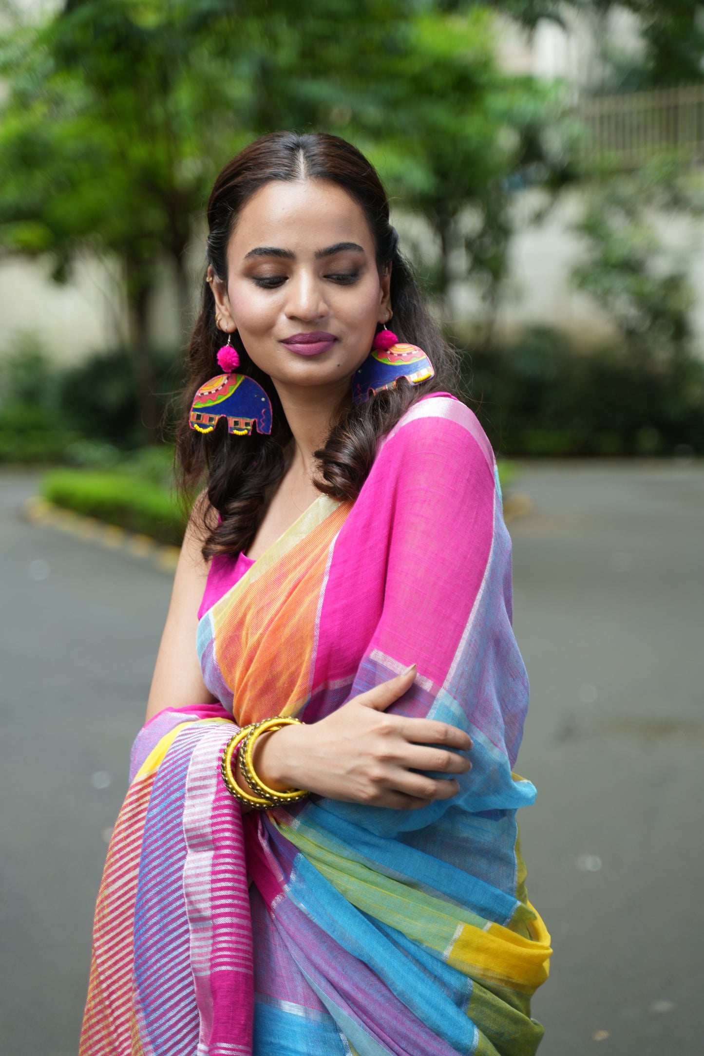 Noorani Checks Multi Coloured Linen Saree
